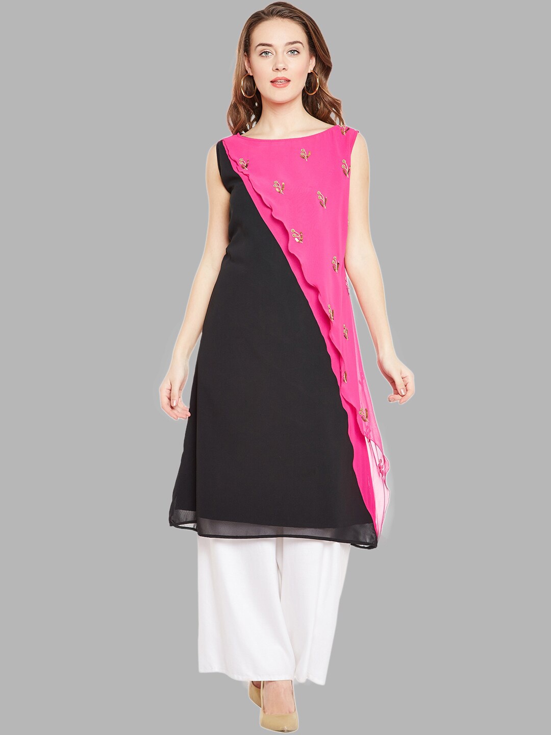 

Bitterlime Women Black & Pink Floral Embellished Boat Neck Sequinned Kurti