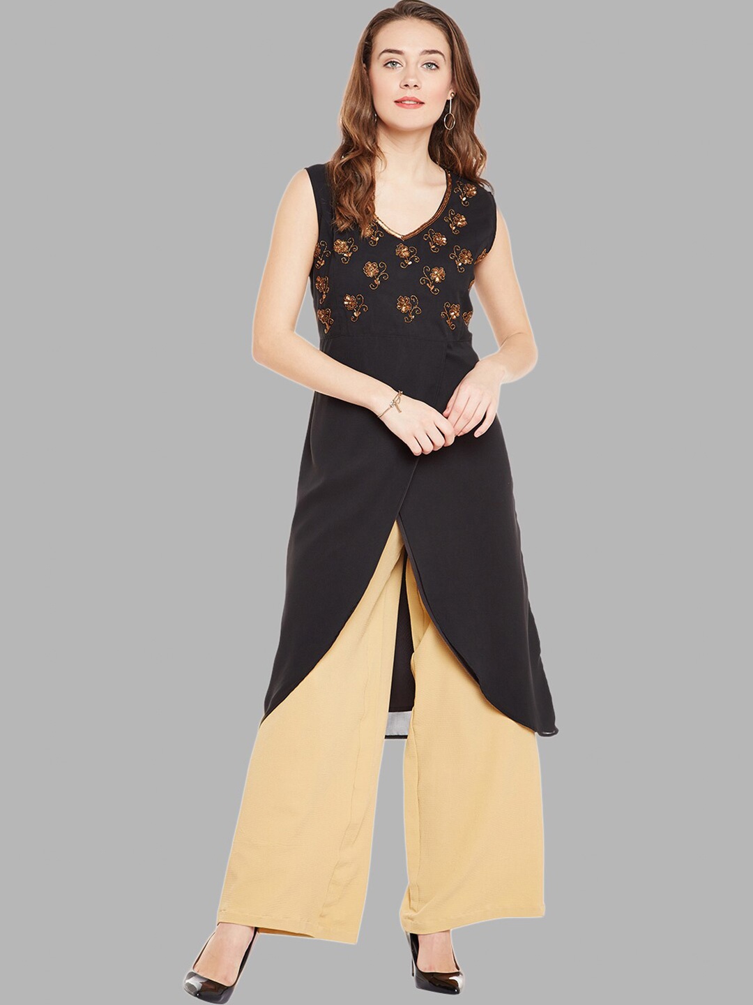 

Bitterlime Black Floral Embellished Sequinned Kurti