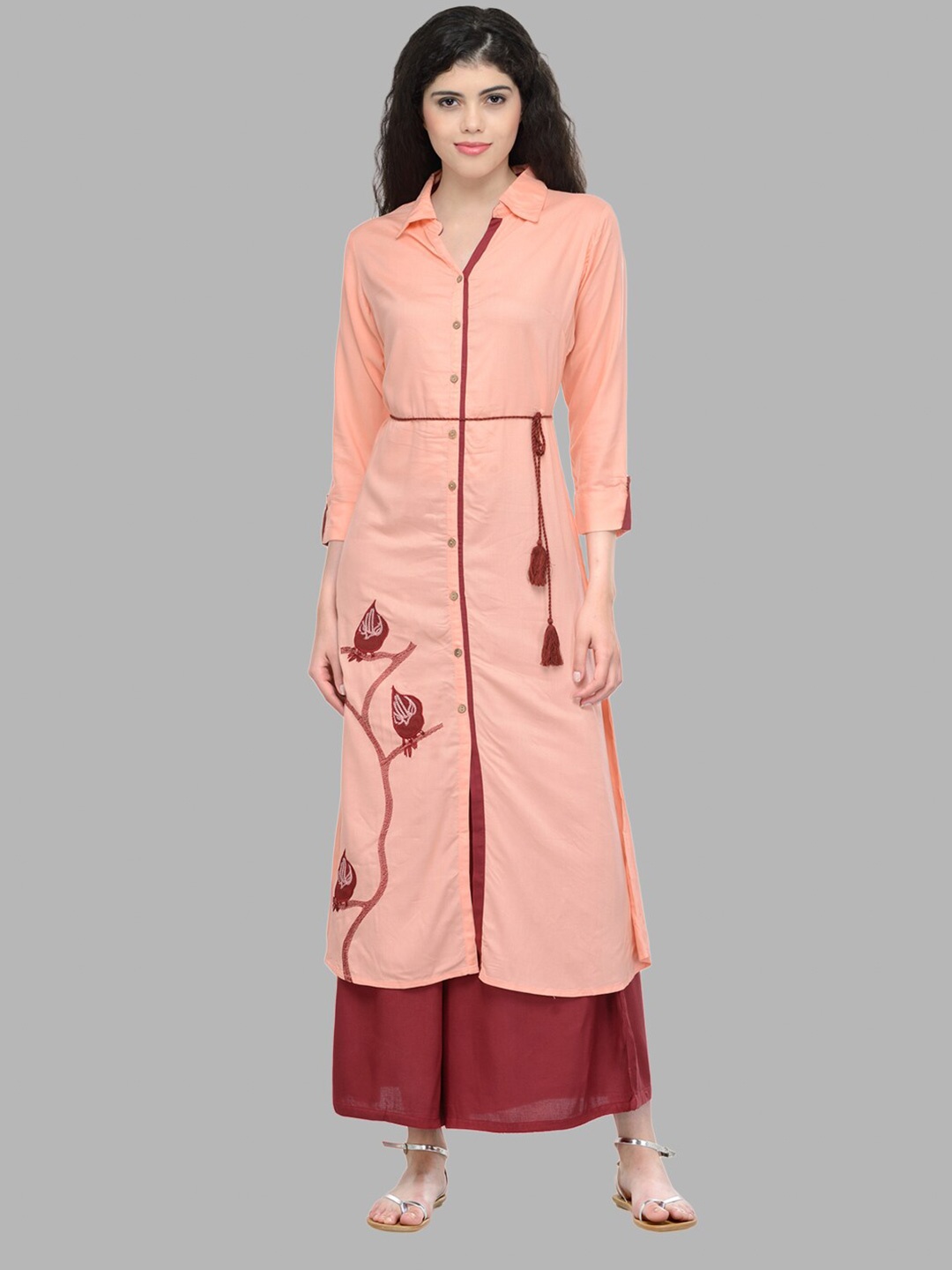 Bitterlime Peach-Coloured & Rust Floral Embroidered Shirt Collar Panelled Kurta