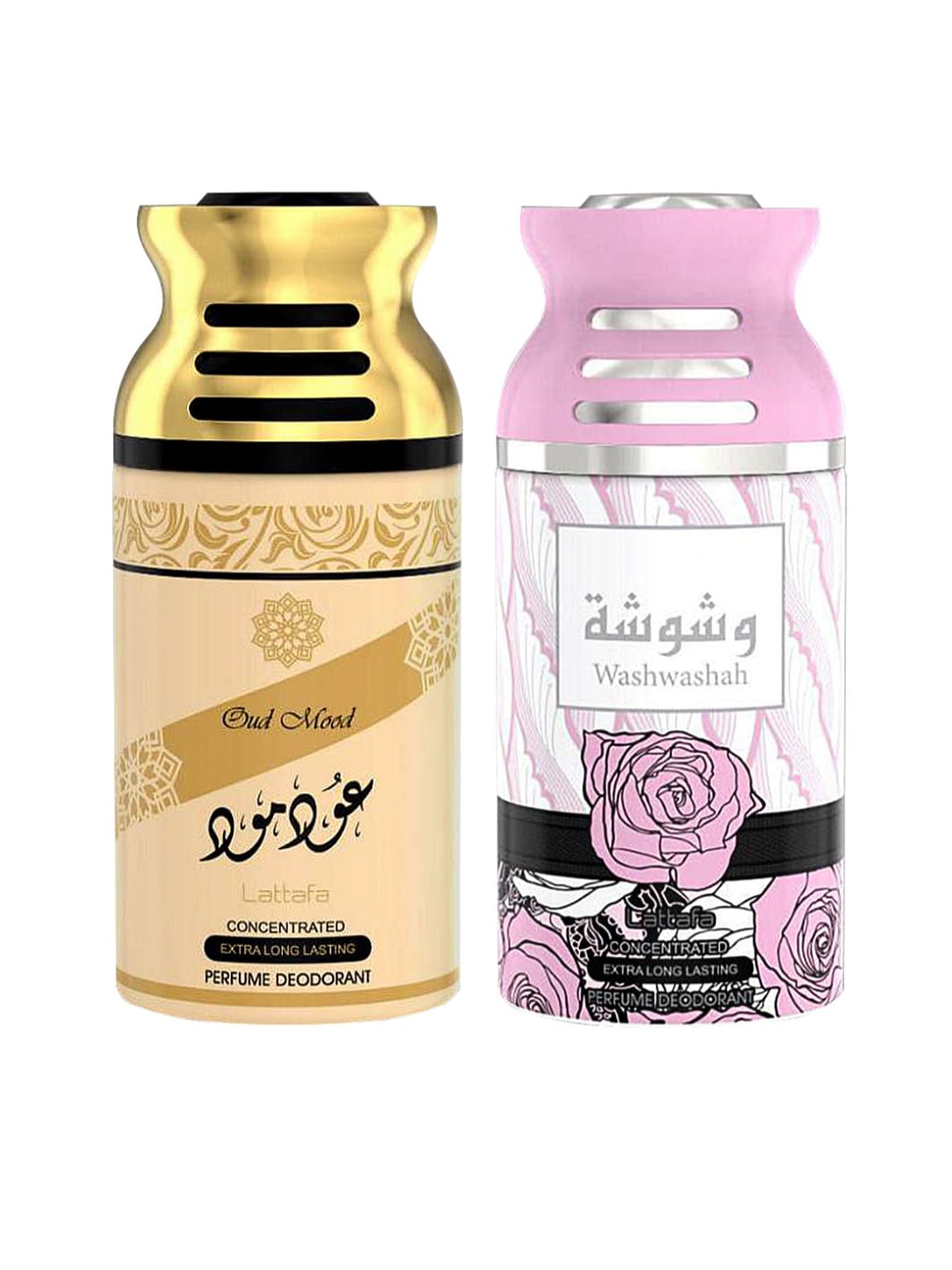 

Lattafa Pack of 2 Oud Mood & Washwashah Perfumed Deodorant BodySpray-250ml Each, Brown