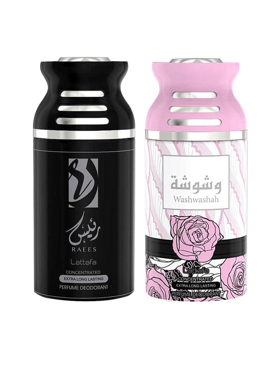 

Lattafa Pack of 2 Raees & Washwashah Perfumed Deodorant Body Spray -250ml, Black