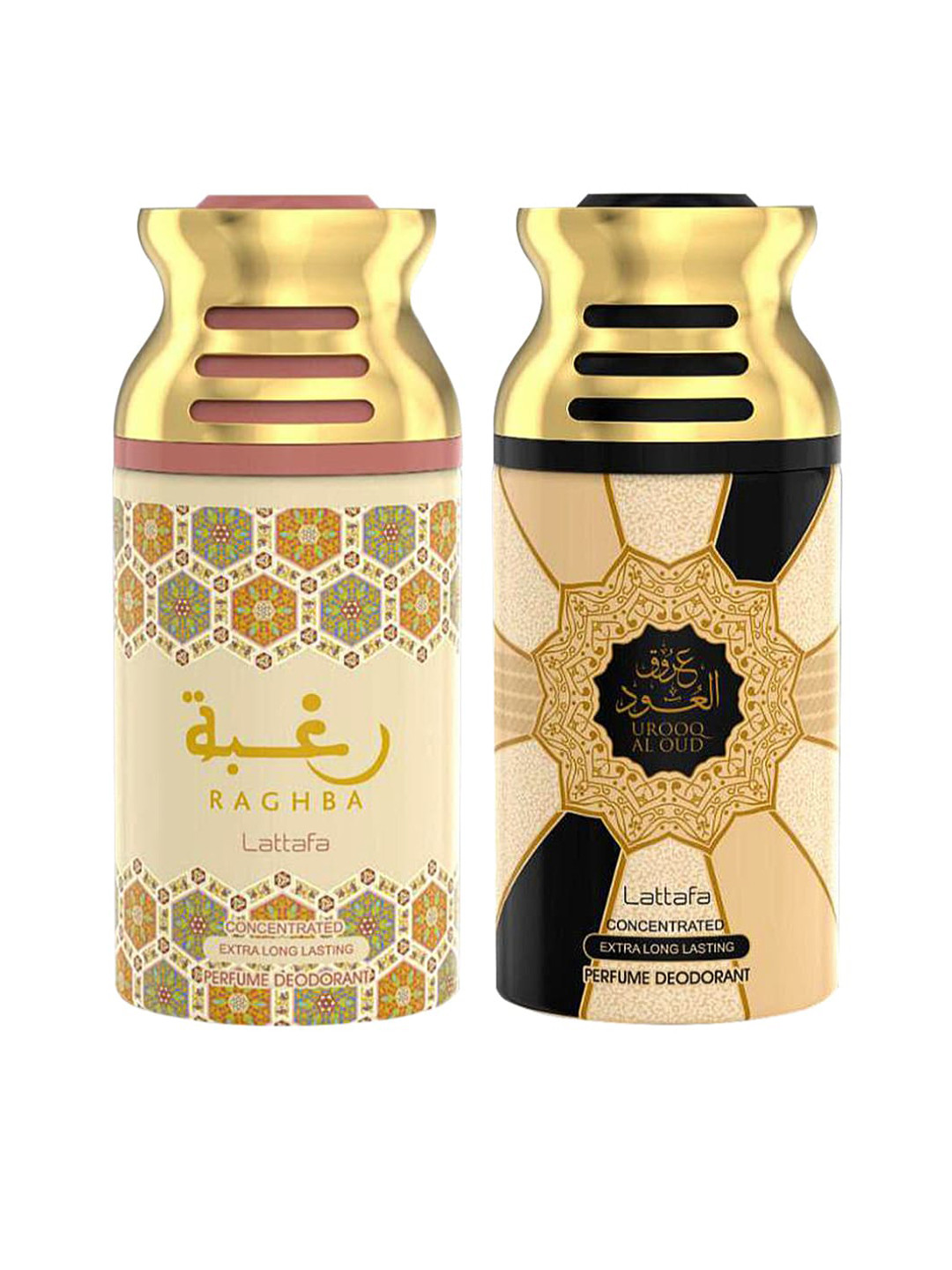 

Lattafa Pack of 2 Raghba & Urooq Al Oudh Perfumed Deodorant BodySpray-250ml Each, Gold