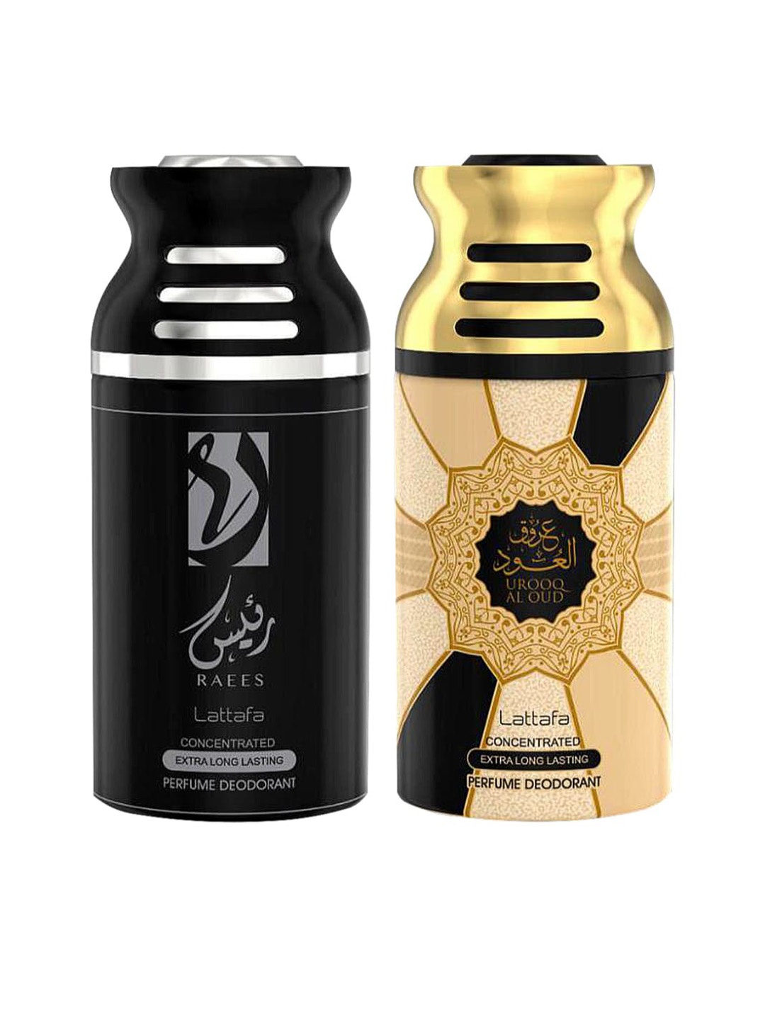 

Lattafa Pack of 2 Raees & Urooq Al Oudh Perfumed Deodorant Body Spray-250ml, Black