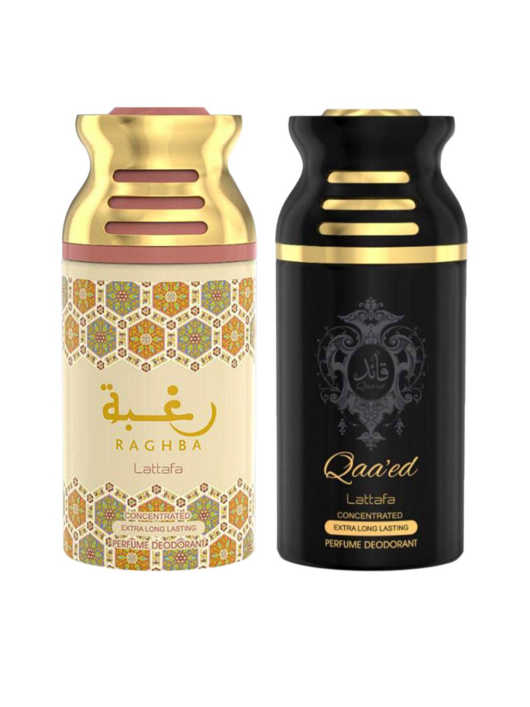 

Lattafa Pack of 2 Raghba & Qaeed Perfumed Deodorant BodySpray- 250ml Each, Gold