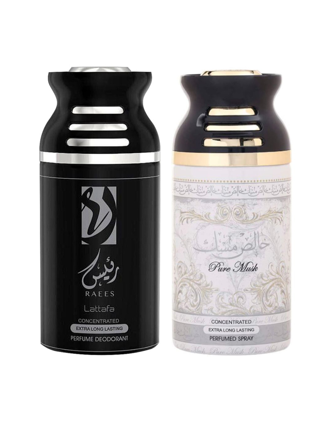 

Lattafa Set Of 2 Raees & Pure Musk Perfumed Deodorant Body Spray, Black