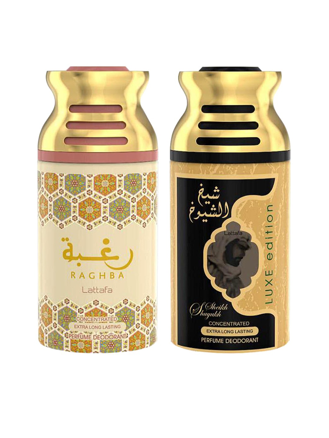 

Lattafa Pack of 2 Raghba & Sheik Al Shuyukh Luxe Edition Deodorant Body Spray-250ml, Gold