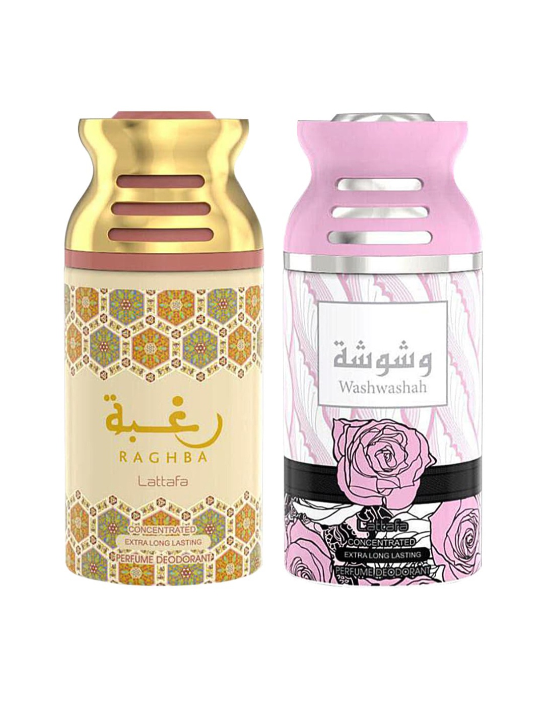 

Lattafa Pack of 2 Raghba & Washwashah Perfumed Deodorant Body Spray- 250ml, Gold