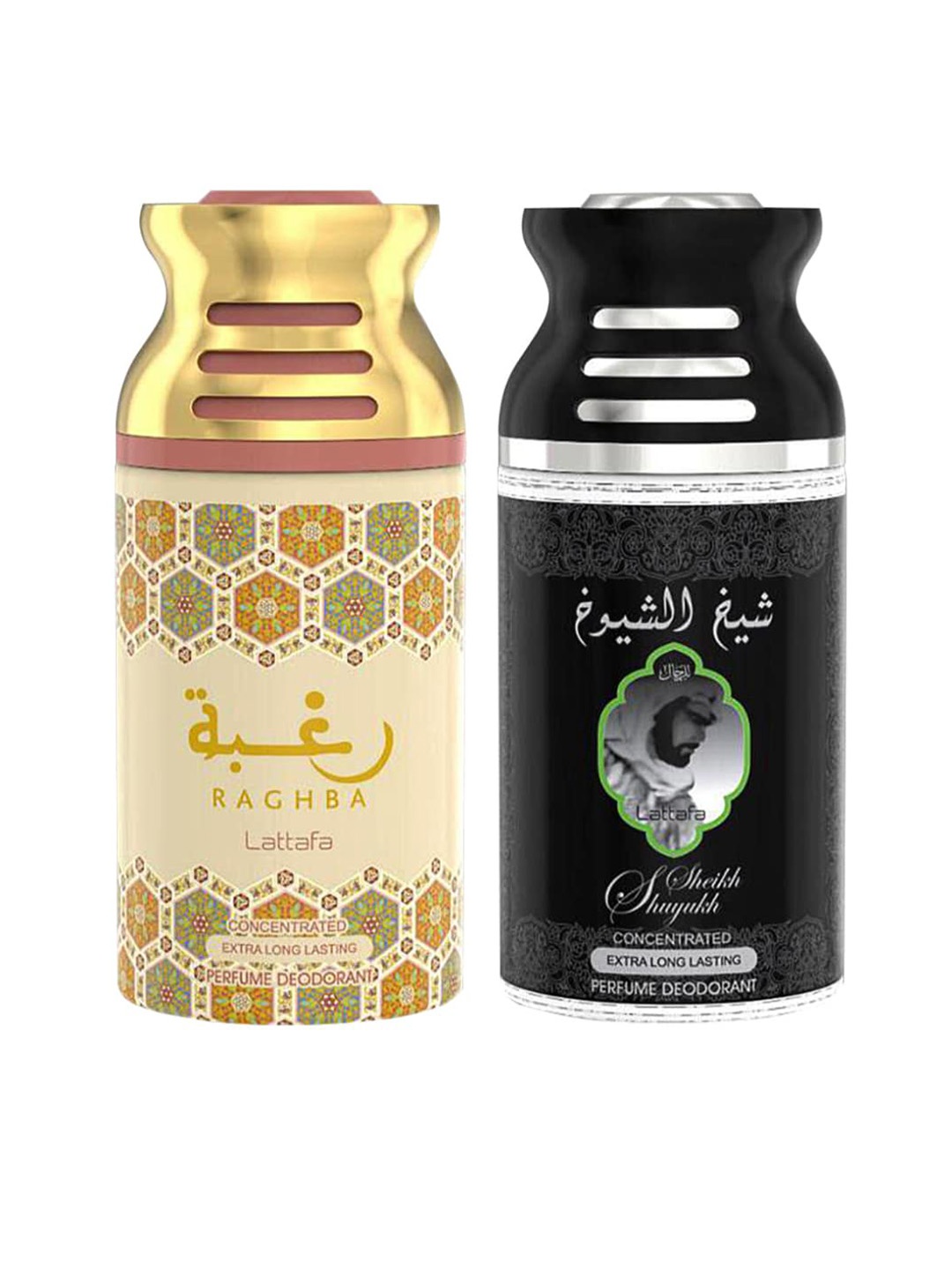 

Lattafa Pack of 2 Raghba & Sheik Al Suyukh Perfumed Deodorant BodySpray, 250ml Each, Gold