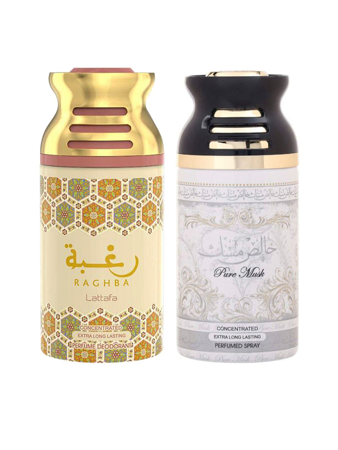 

Lattafa Set of 2 Raghba & Pure Musk Perfumed Deodorant BodySpray, Gold