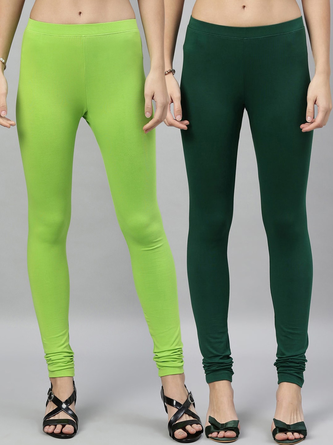 

Kryptic Women Pack Of 2 Green Solid Cotton Churidar-Length Leggings