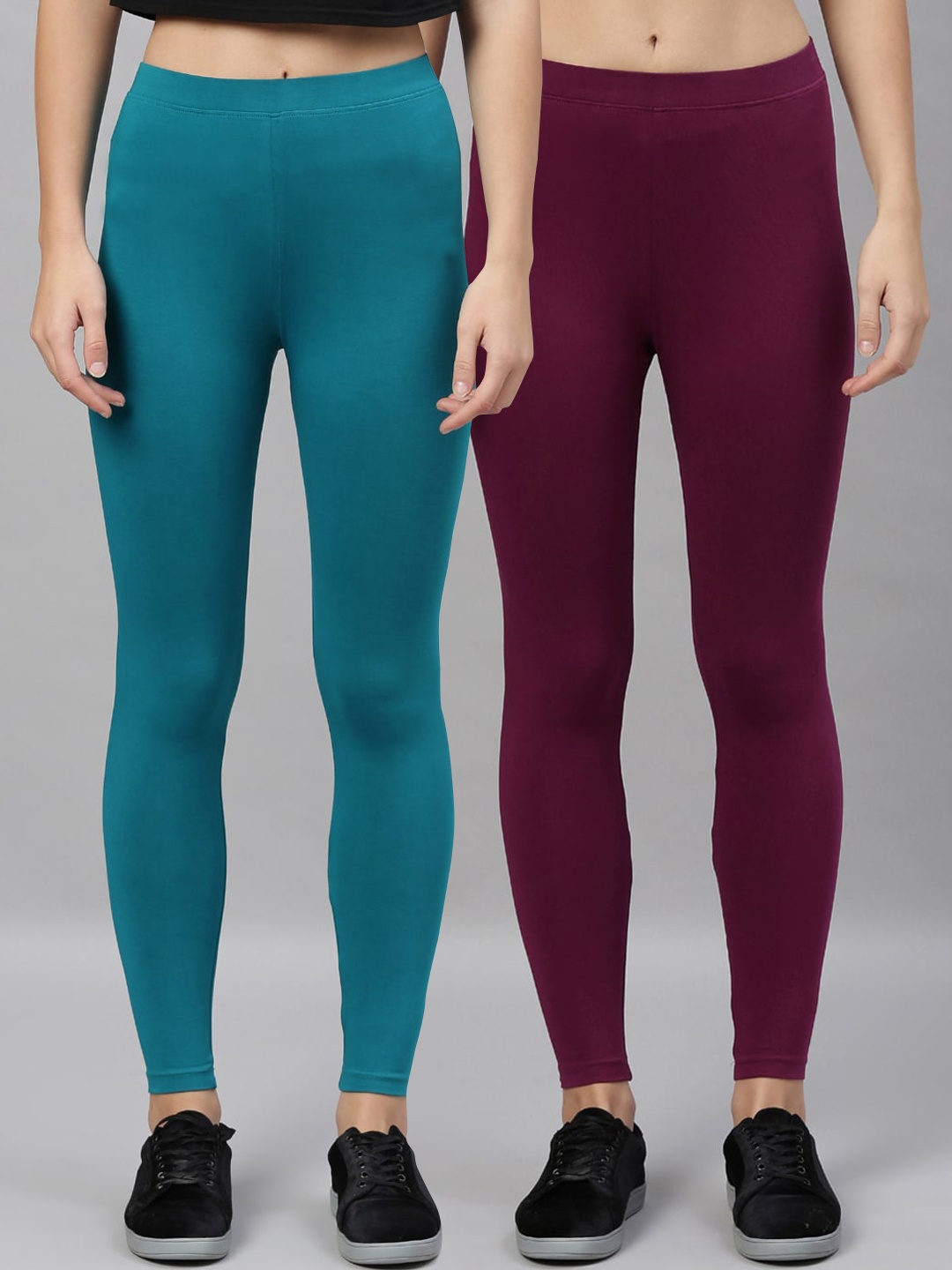 

Kryptic Women Pack of 2 Solid Cotton Ankle Length Leggings, Green