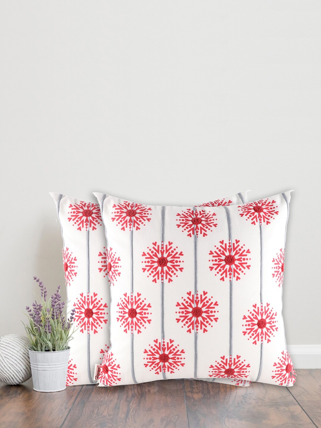 

Home Set of 2 Red & White Printed Square Cushion Covers