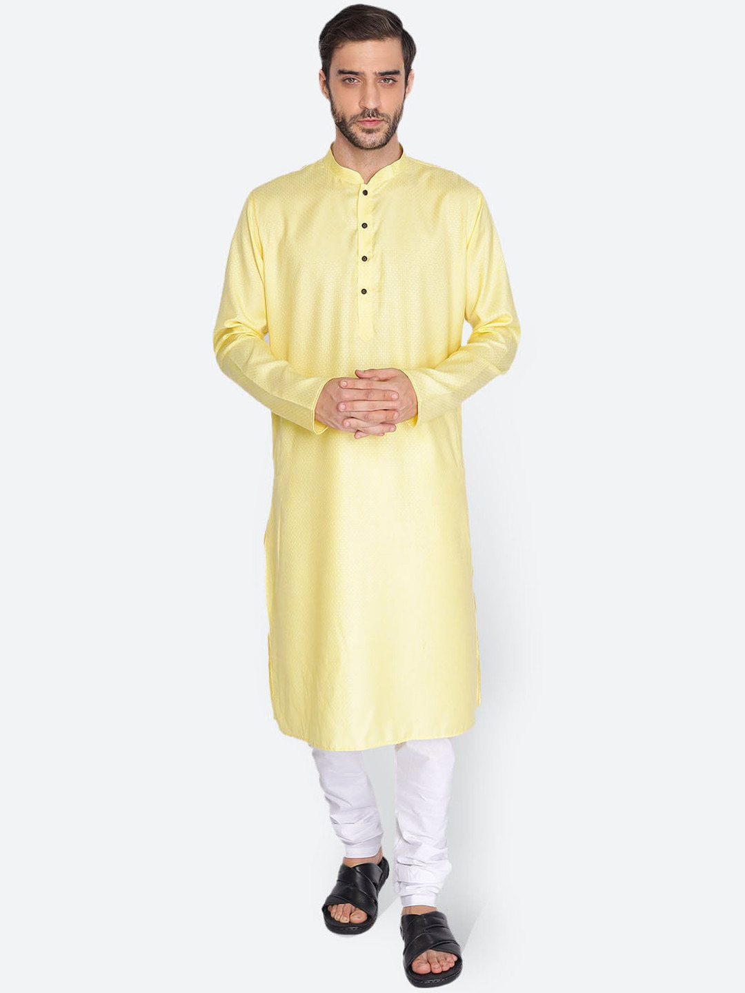 

NAMASKAR Men Yellow Self Design Cotton Linen Kurta