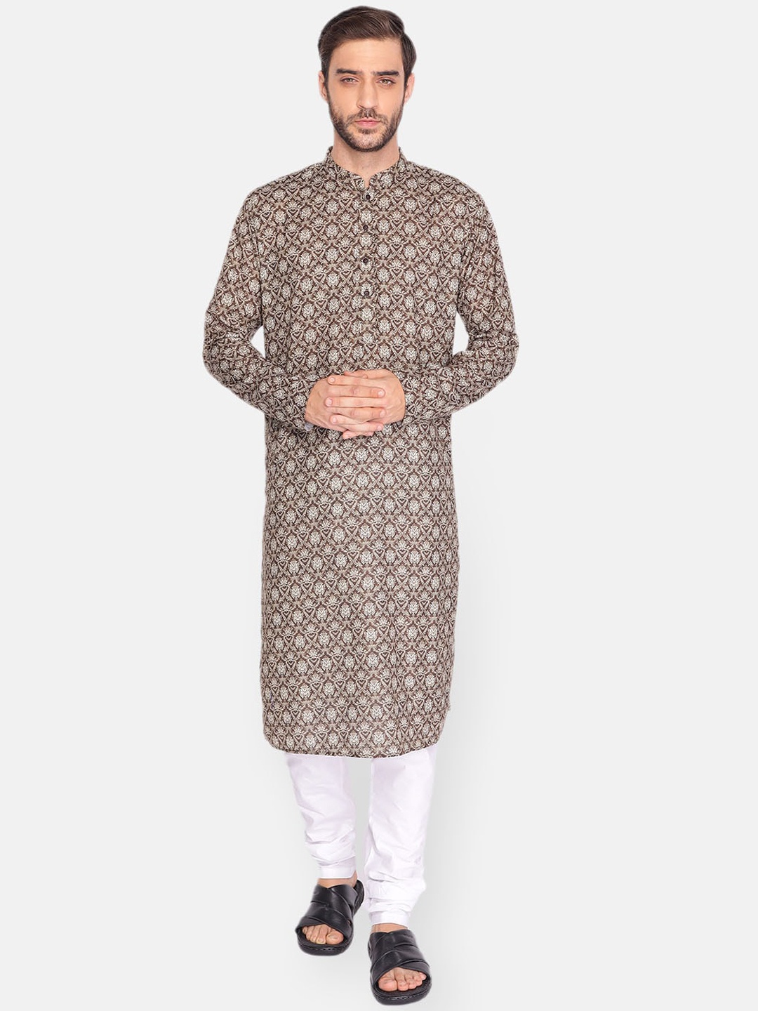 

NAMASKAR Men Brown Cotton Linen Printed Kurta