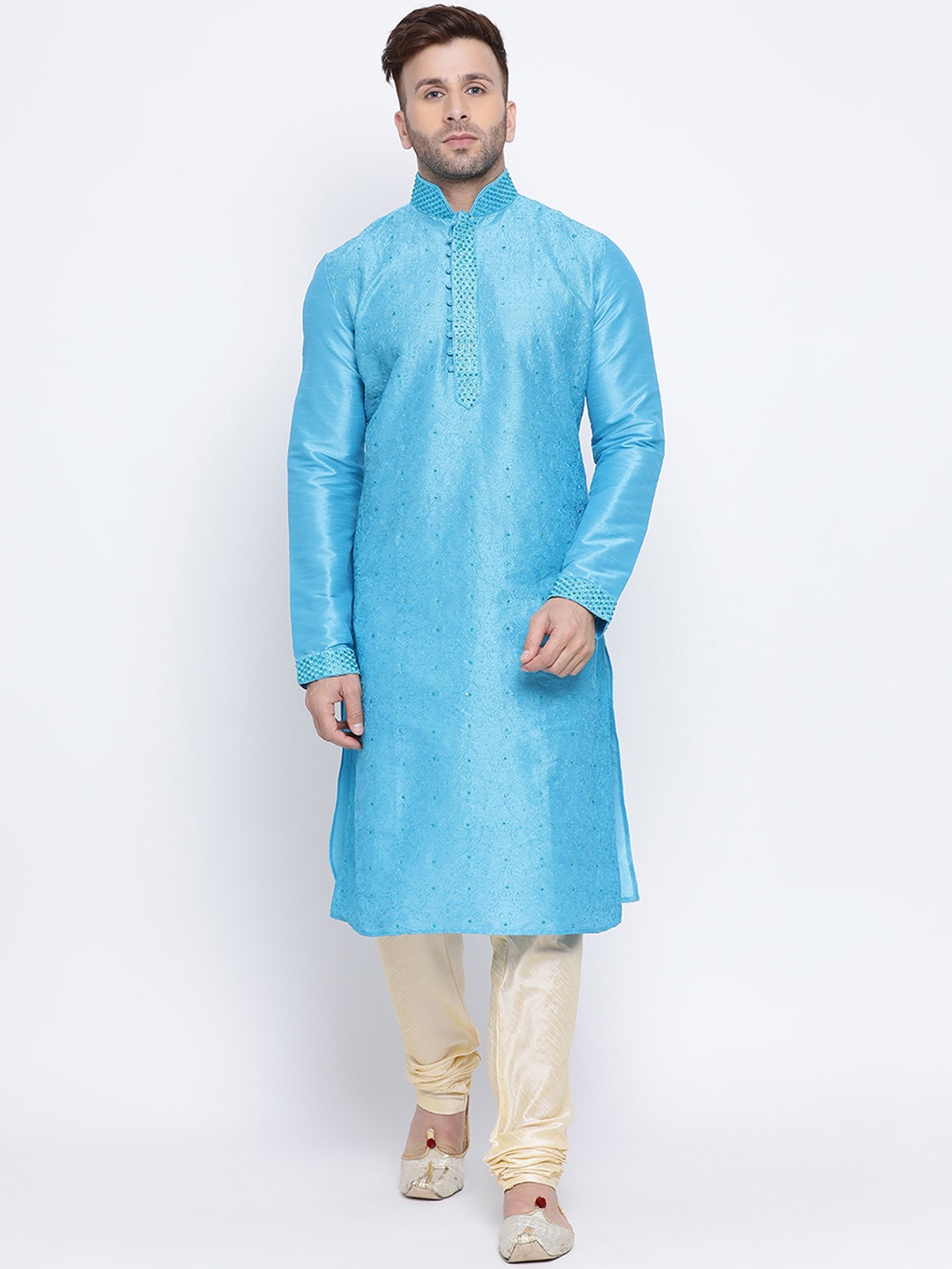 

NAMASKAR Men Turquoise Blue Embroidered Dupion Silk Kurta