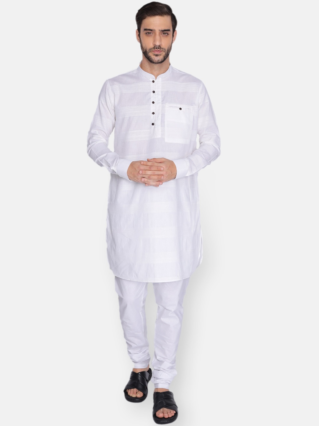 

NAMASKAR Men White Self Design Cotton Kurta