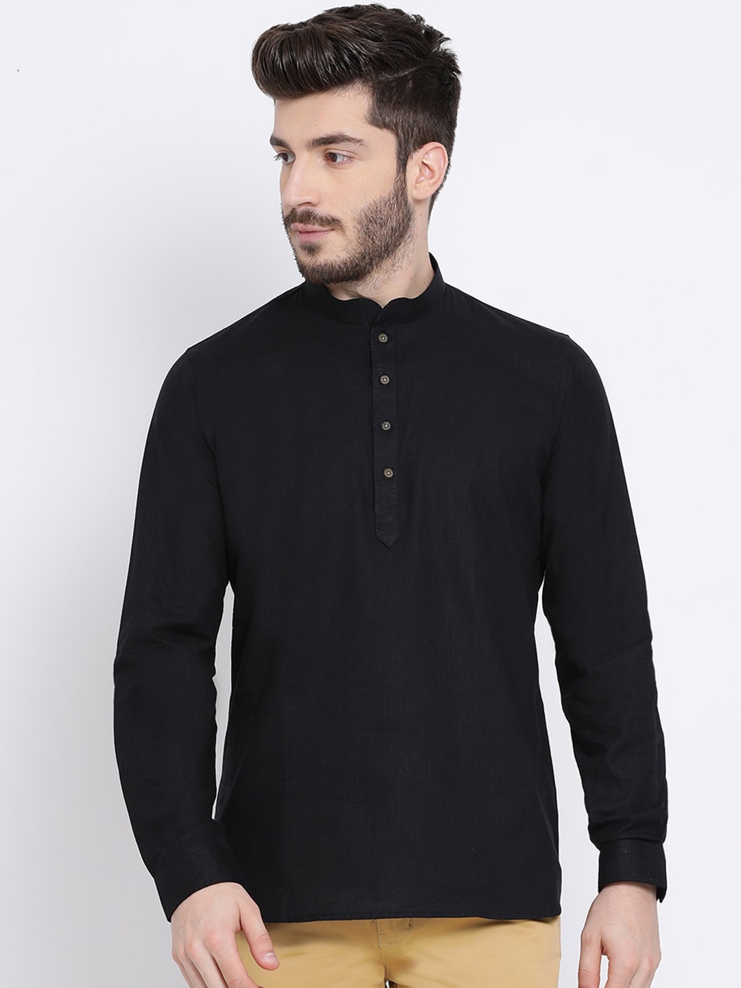 

NAMASKAR Men Black Cotton Solid Kurta