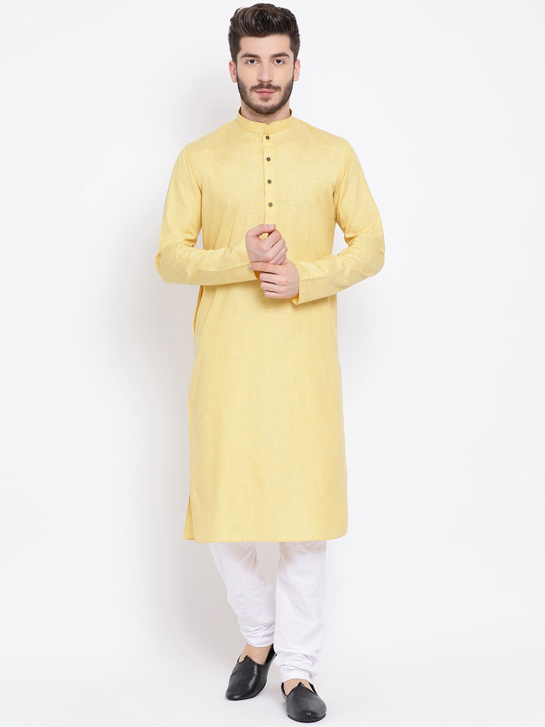 

NAMASKAR Men Yellow Solid Cotton Kurta