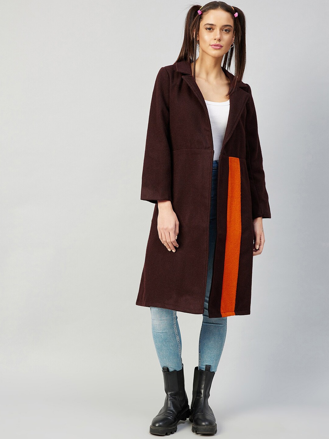 

Athena Women Brown Solid Single-Breasted Longline Casual Pea Coat