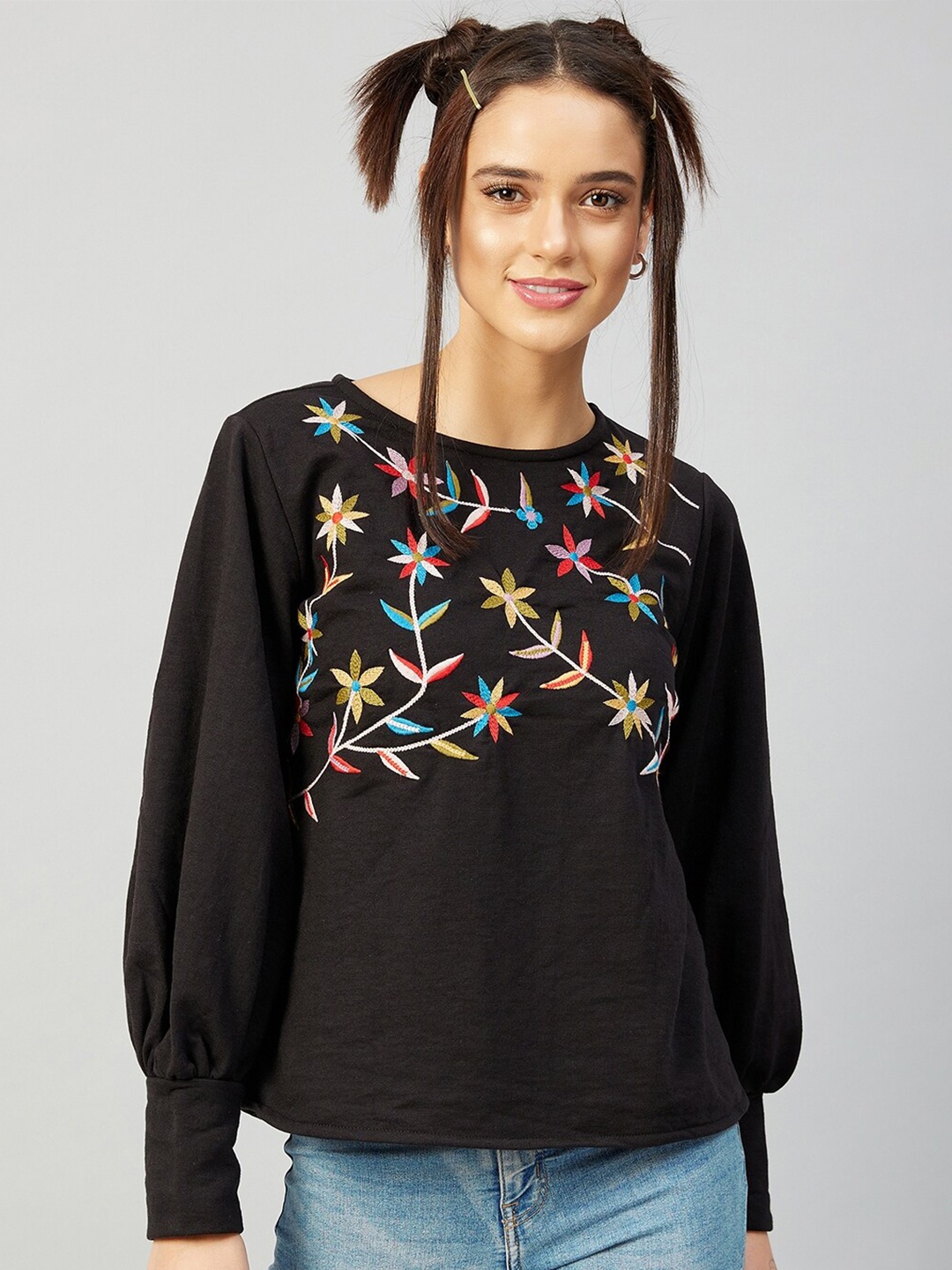 

Athena Women Black Embroidered Fleece Sweatshirt