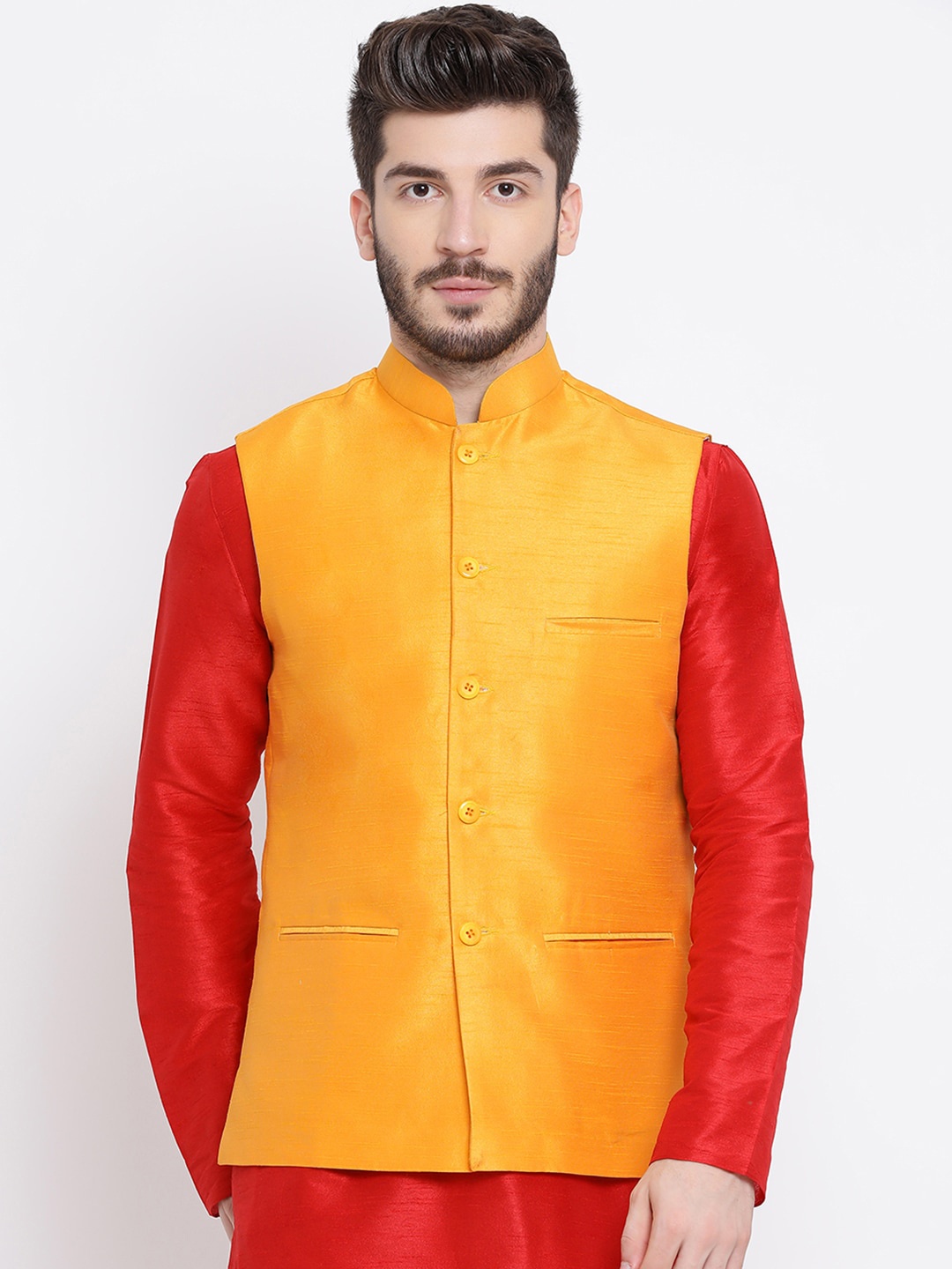 

NAMASKAR Men Yellow Solid Woven Nehru Jacket