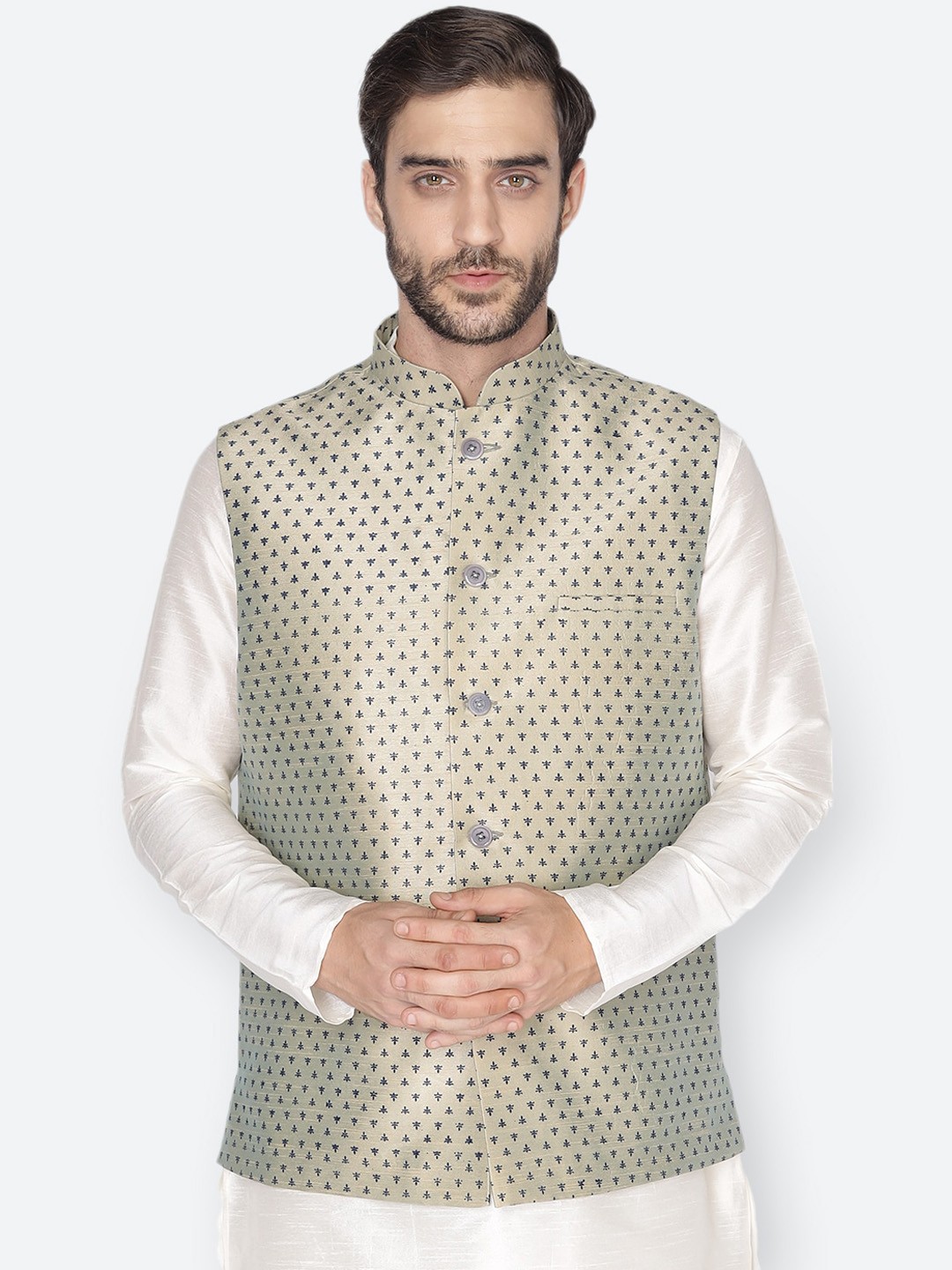 

NAMASKAR Men Grey & Navy Blue Printed Woven Nehru Jacket