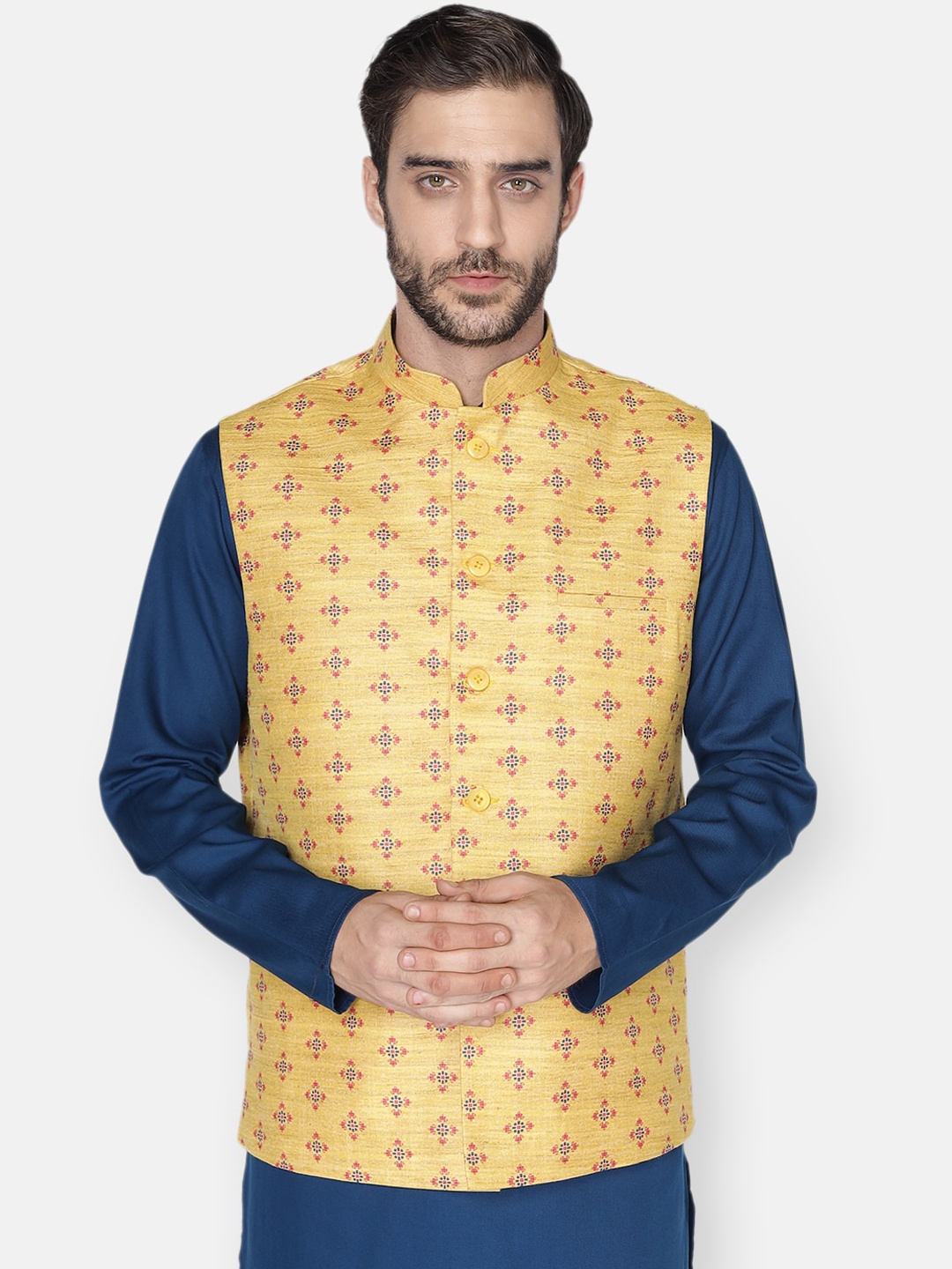 

NAMASKAR Men Yellow & Red Printed Woven Nehru Jacket