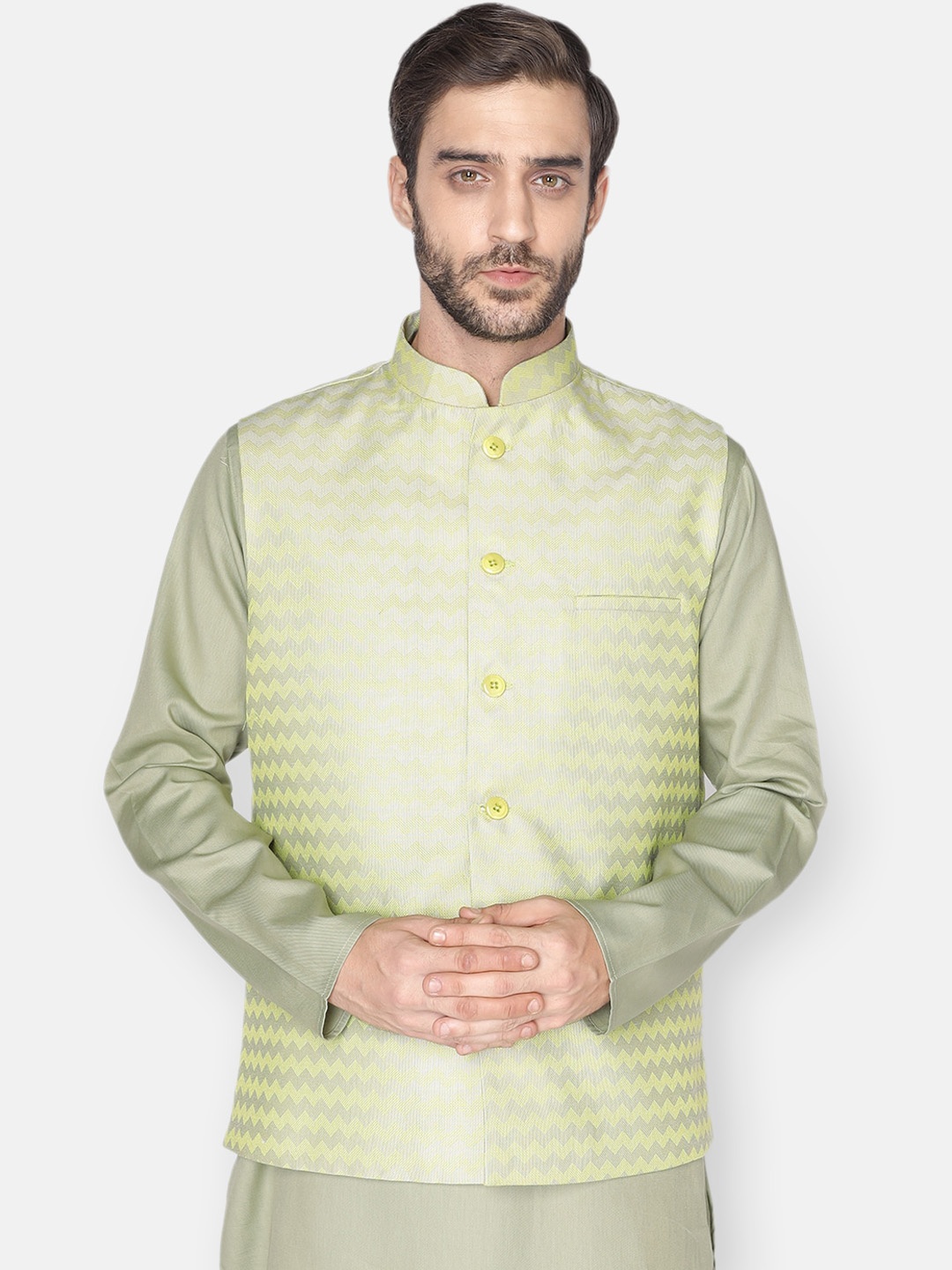 

NAMASKAR Men Green Striped Nehru Jacket
