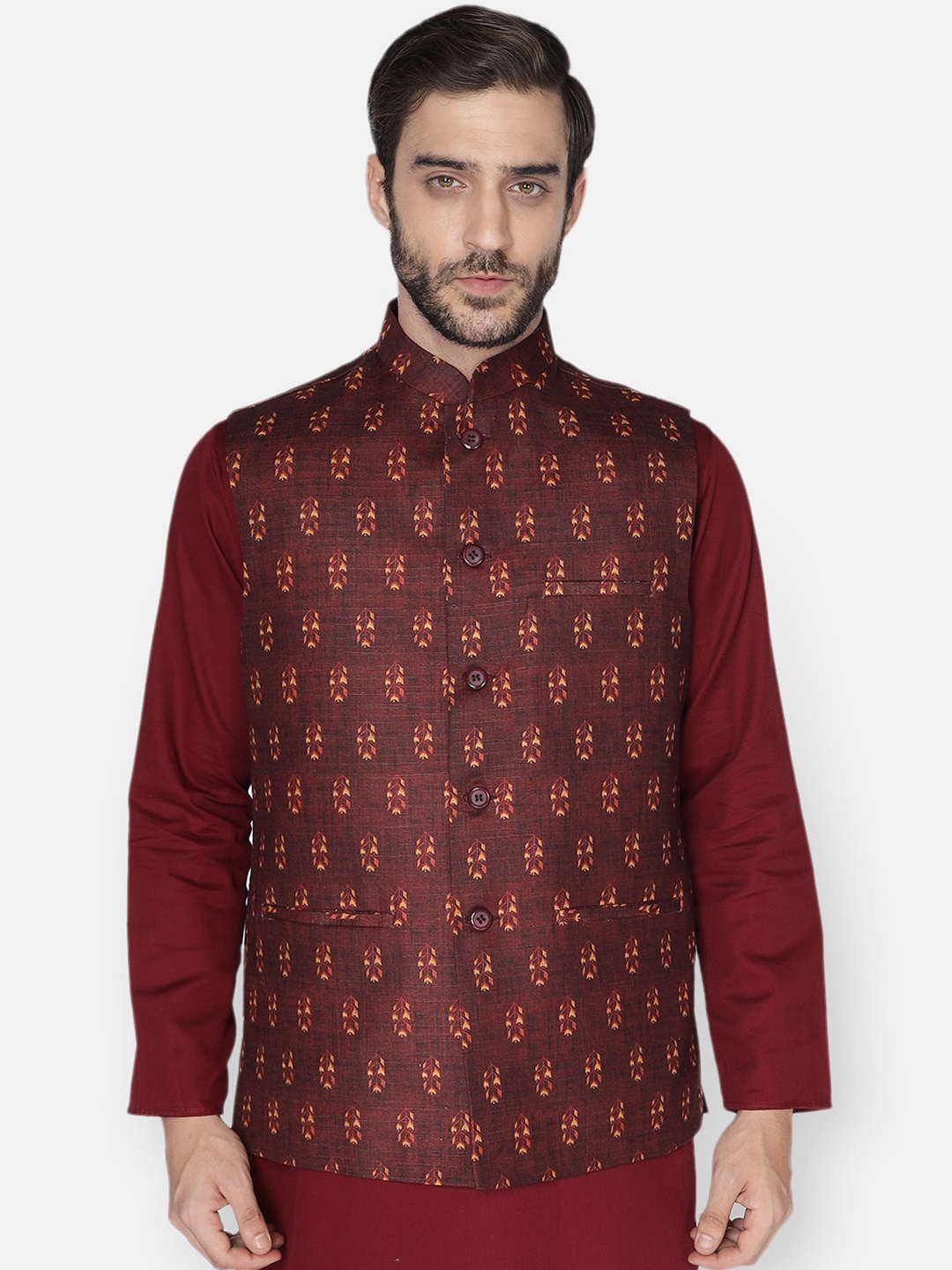 

NAMASKAR Men Maroon & Yellow Printed Woven Nehru Jacket