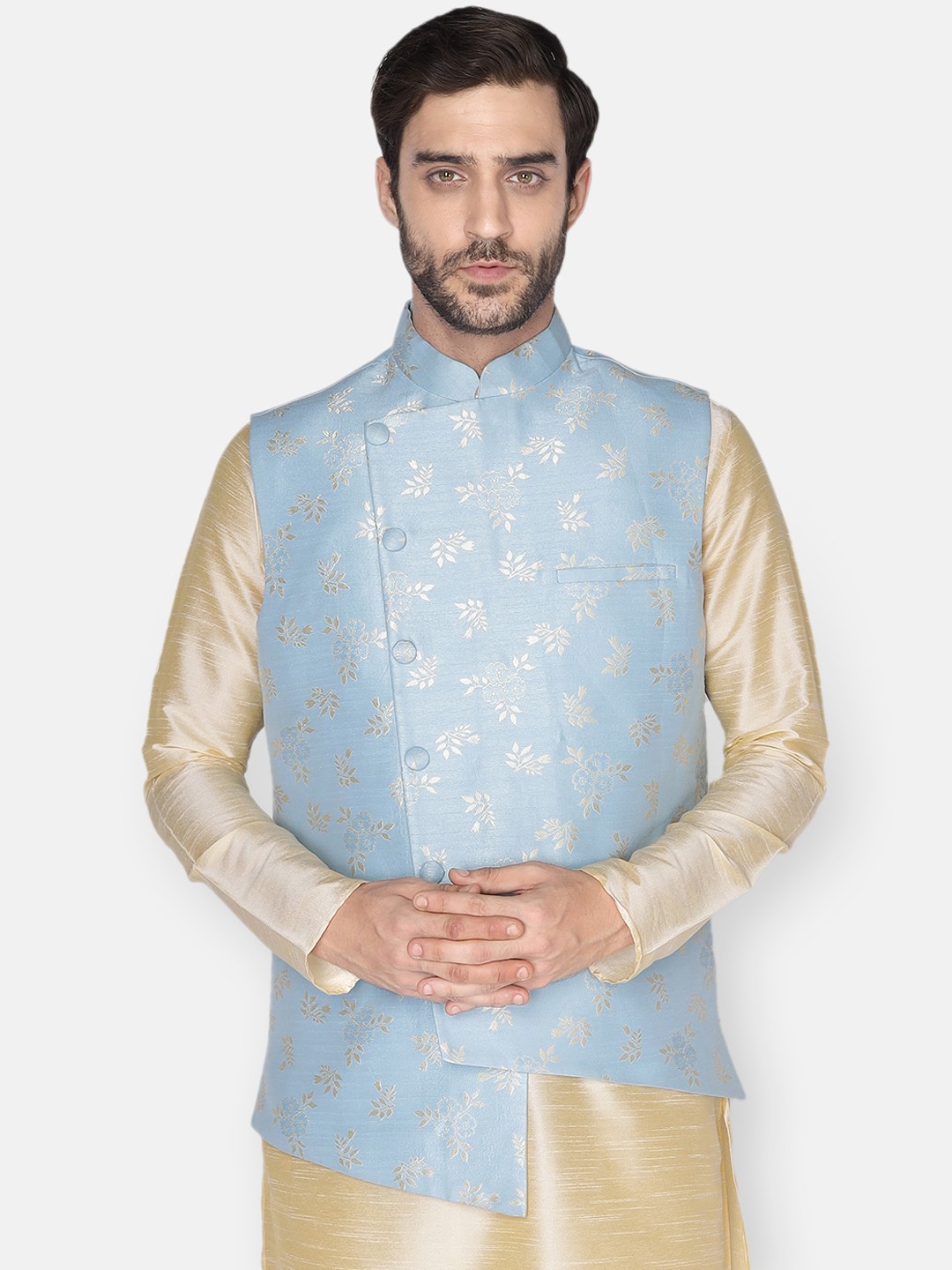 

NAMASKAR Men Blue & Beige Printed Woven Nehru Jacket