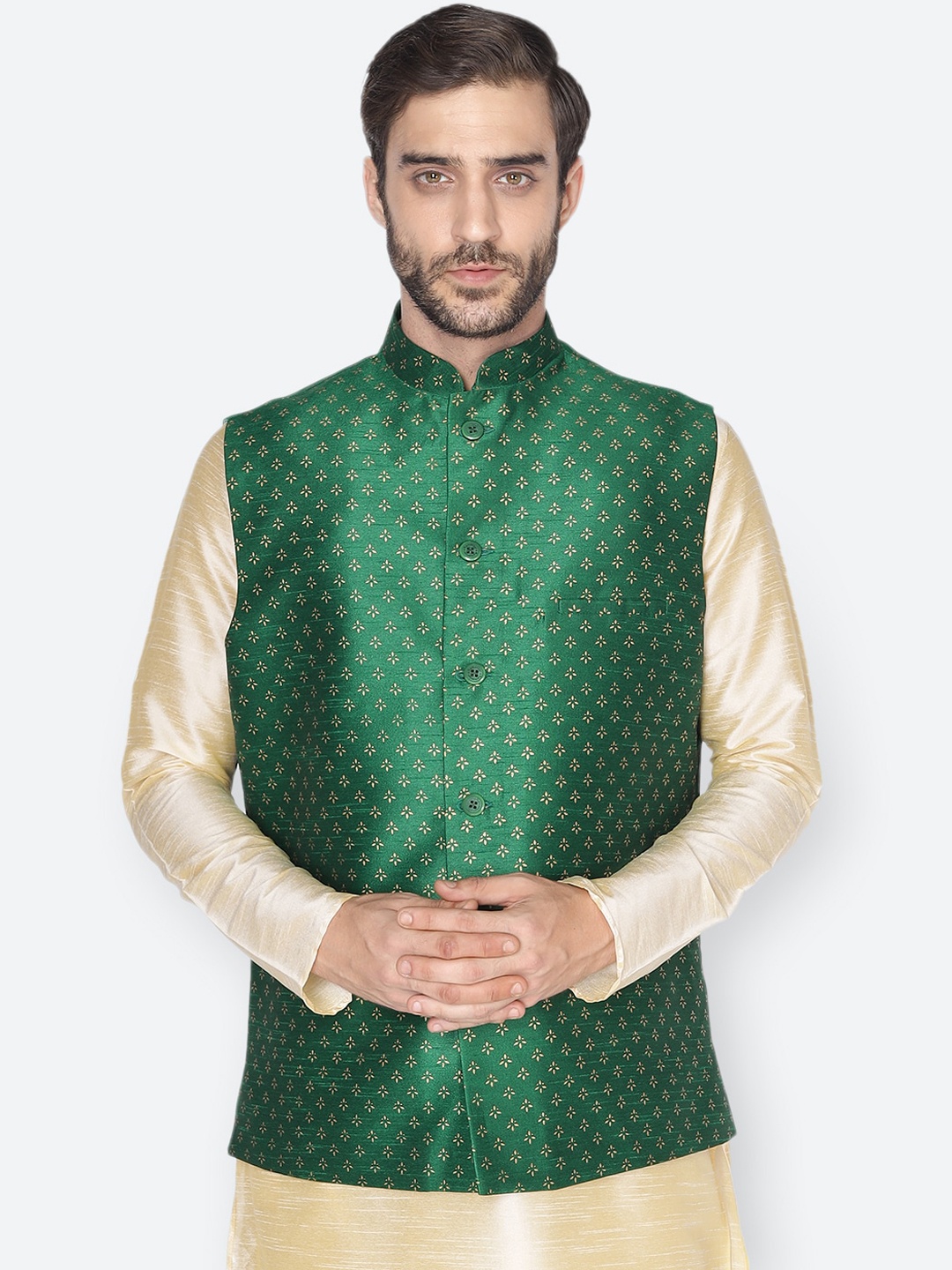 

NAMASKAR Men Green & Gold-Coloured Printed Woven Nehru Jacket