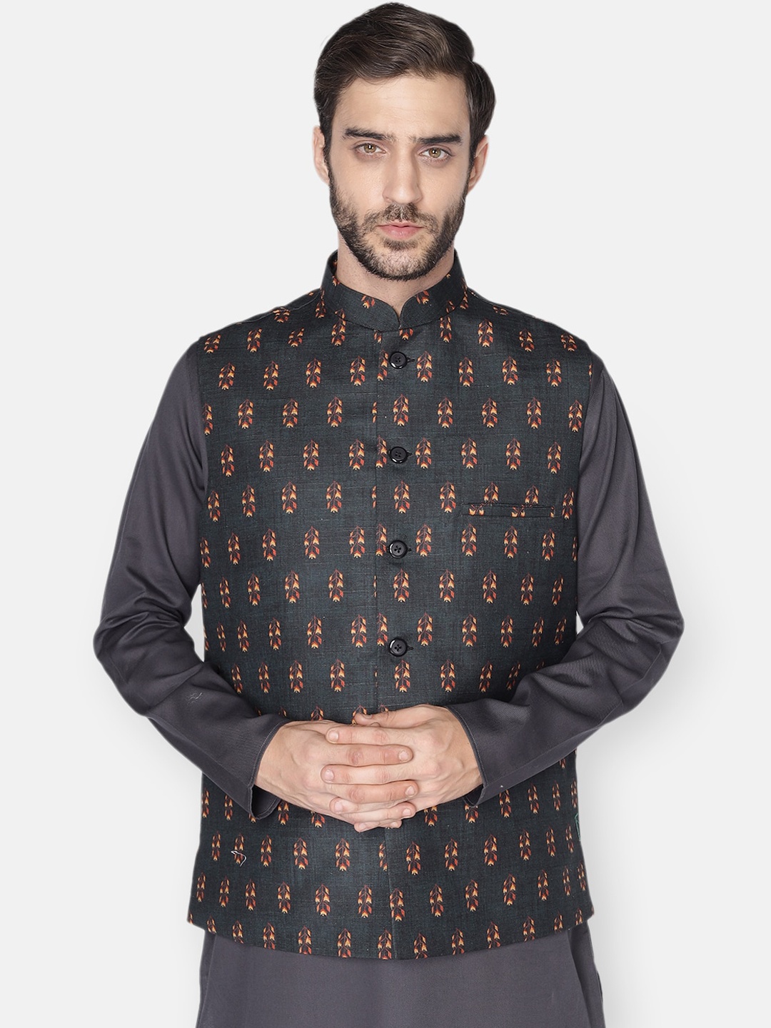 

NAMASKAR Men Green & Orange Printed Woven Nehru Jacket