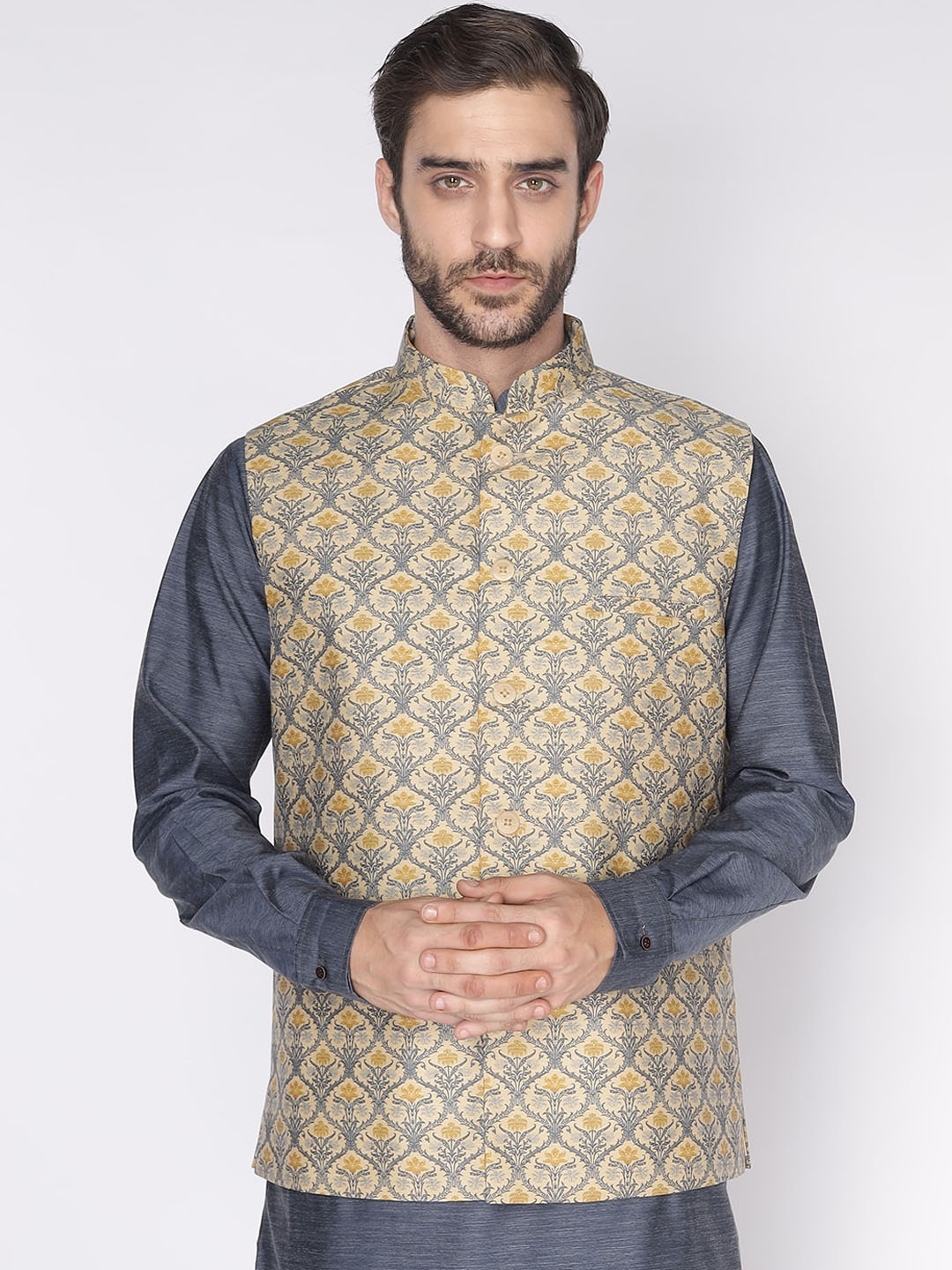 

NAMASKAR Men Beige & Navy Blue Woven Design Nehru Jacket