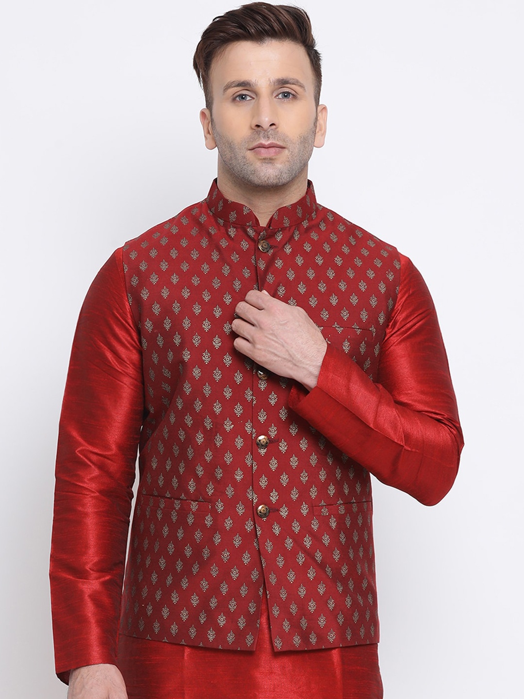 

NAMASKAR Men Brown & Gold-Colured Woven Design Nehru Jacket