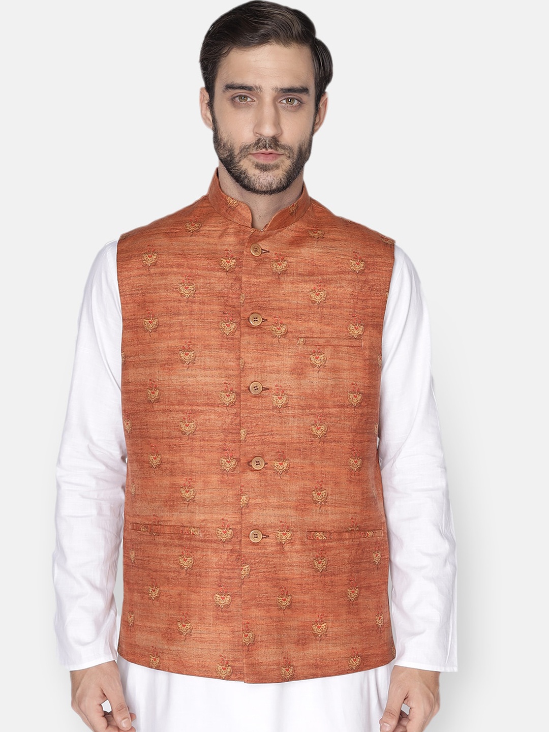 

NAMASKAR Men Rust Brown Printed Nehru Jacket