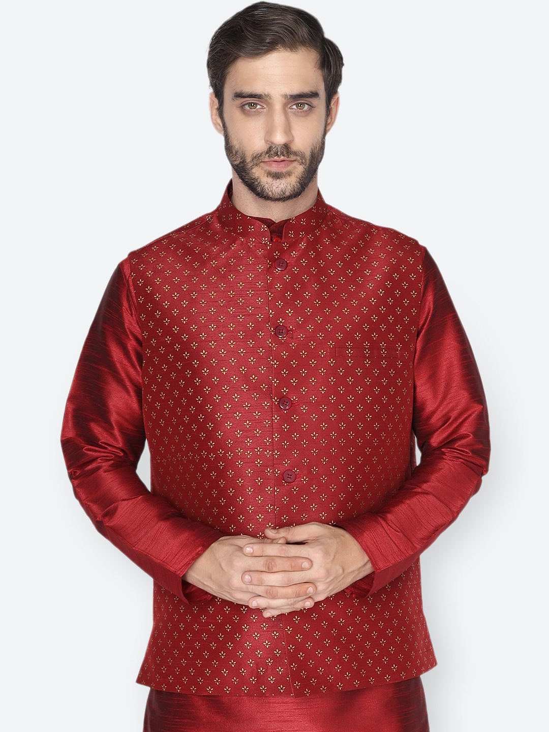 

NAMASKAR Men Maroon & Beige Printed Woven Nehru Jacket