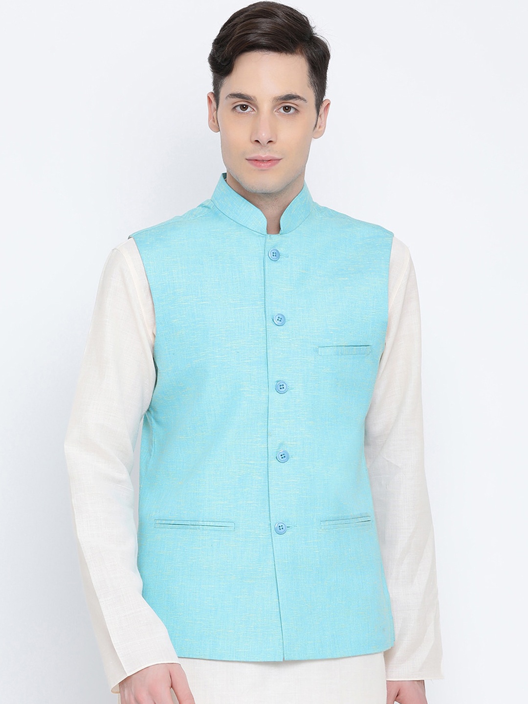

NAMASKAR Men Blue Solid Pure Cotton Woven Nehru Jacket