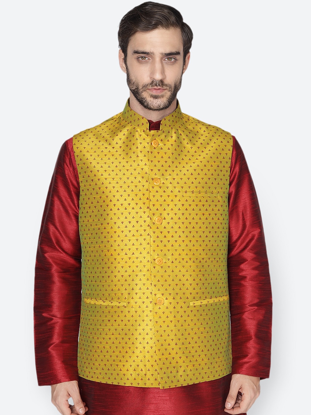 

NAMASKAR Men Yelllow Printed Woven Nehru Jacket, Yellow