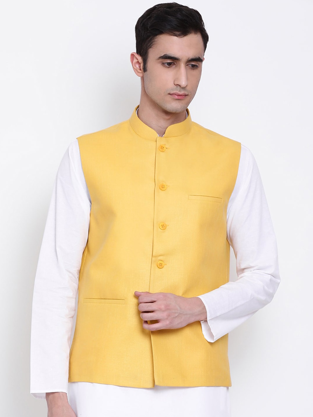 

NAMASKAR Men Yellow Solid Woven Nehru Jacket