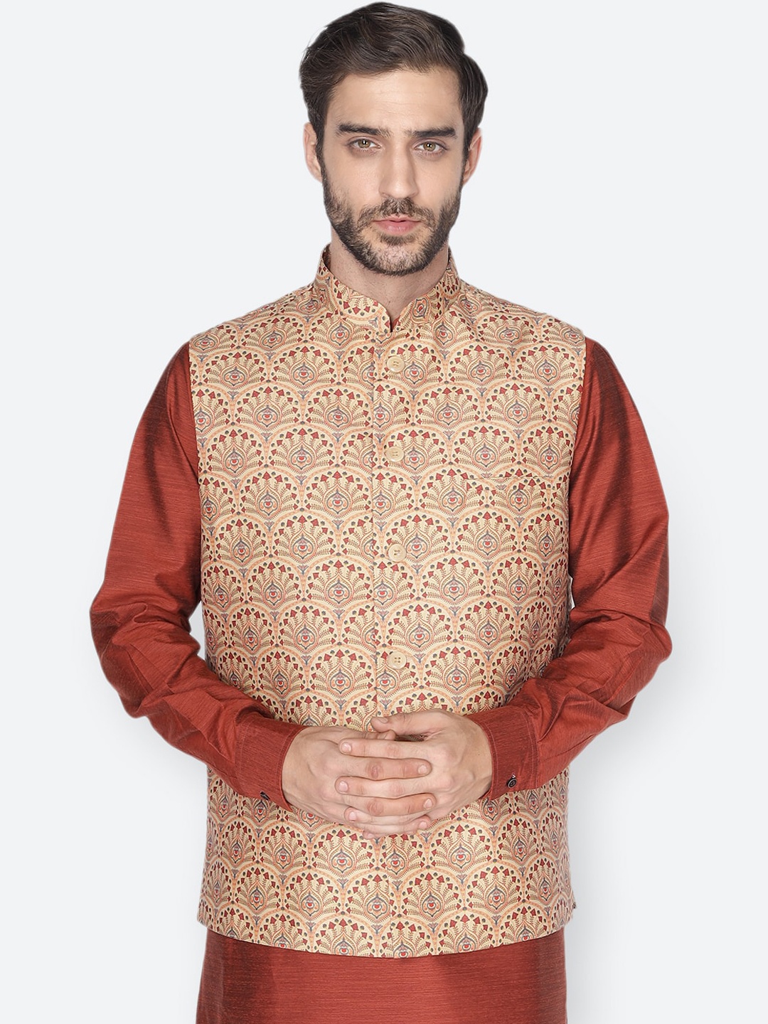 

NAMASKAR Men Beige & Red Printed Woven Nehru Jacket