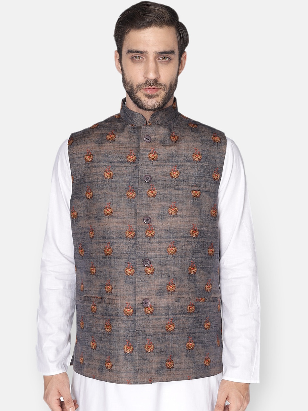 

NAMASKAR Men Grey Printed Nehru Jacket