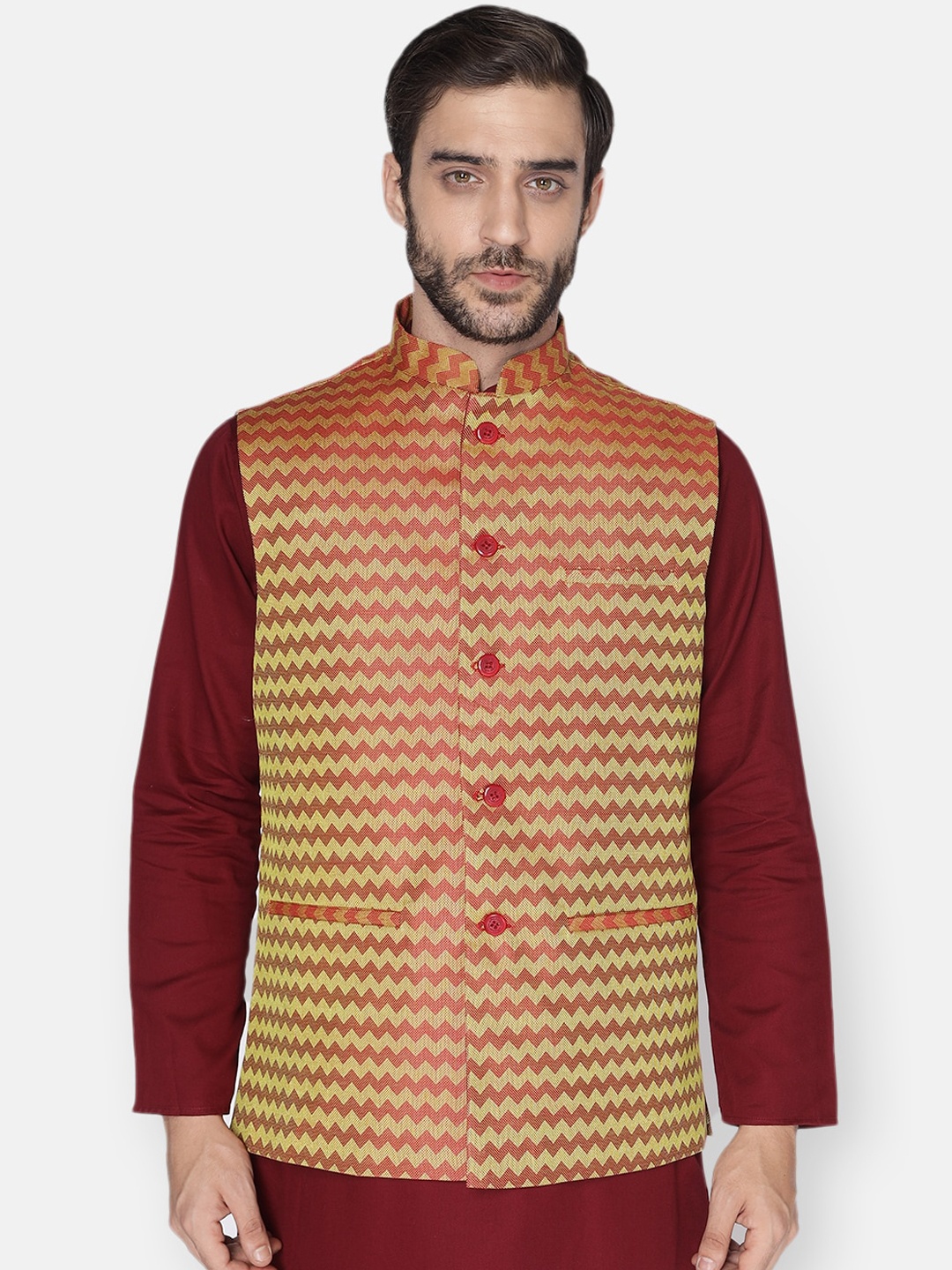 

NAMASKAR Men Red Woven Nehru Jacket