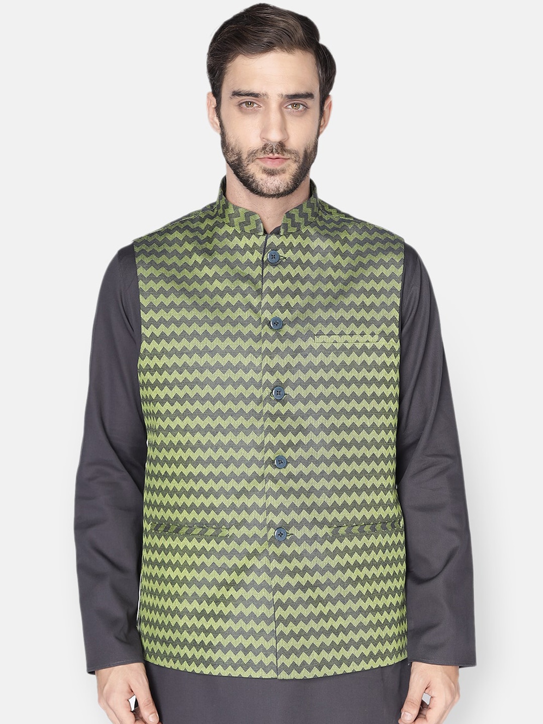 

NAMASKAR Men Green Solid Nehru Jacket