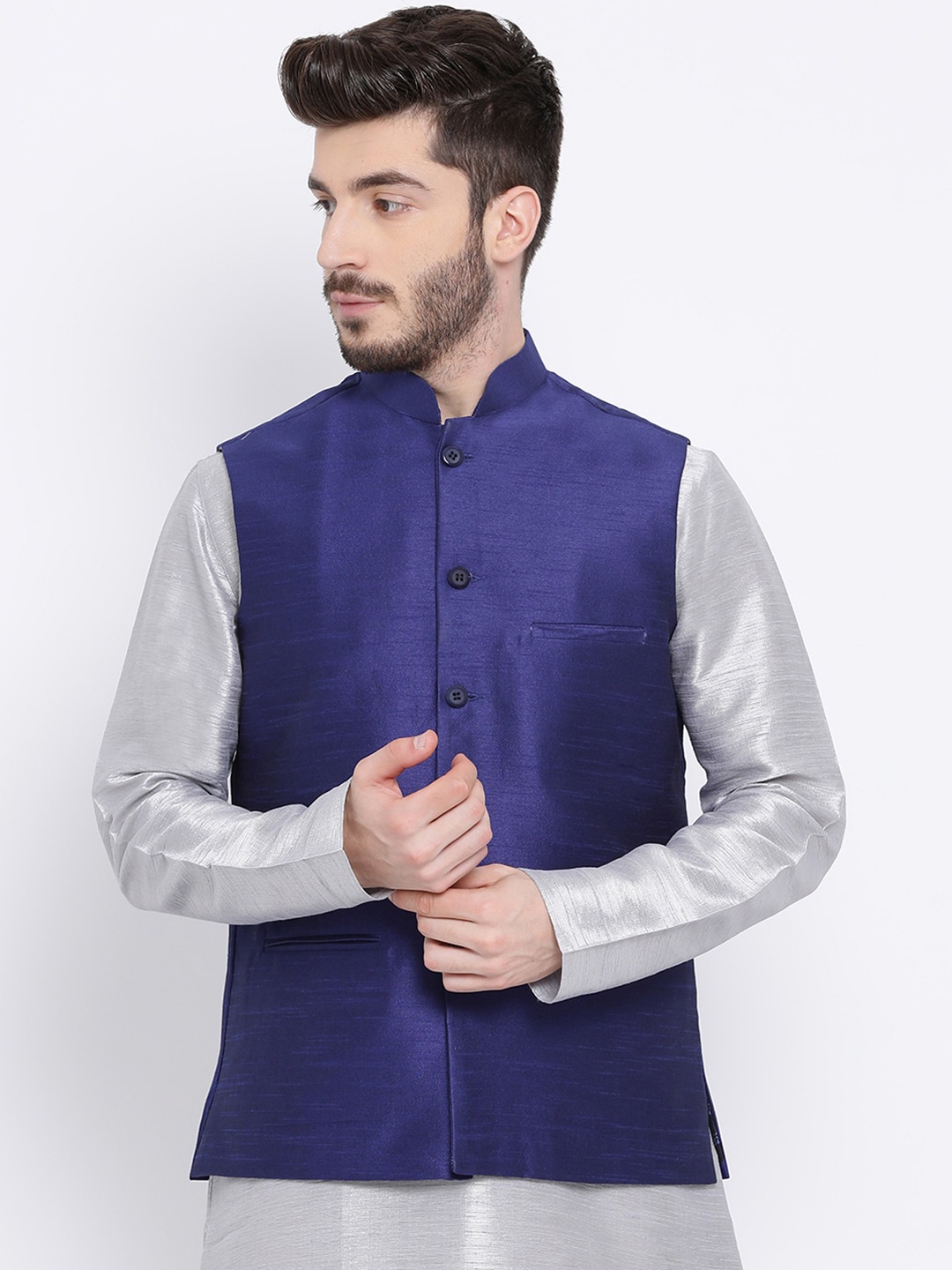 

NAMASKAR Men Navy Blue Solid Woven Nehru Jacket