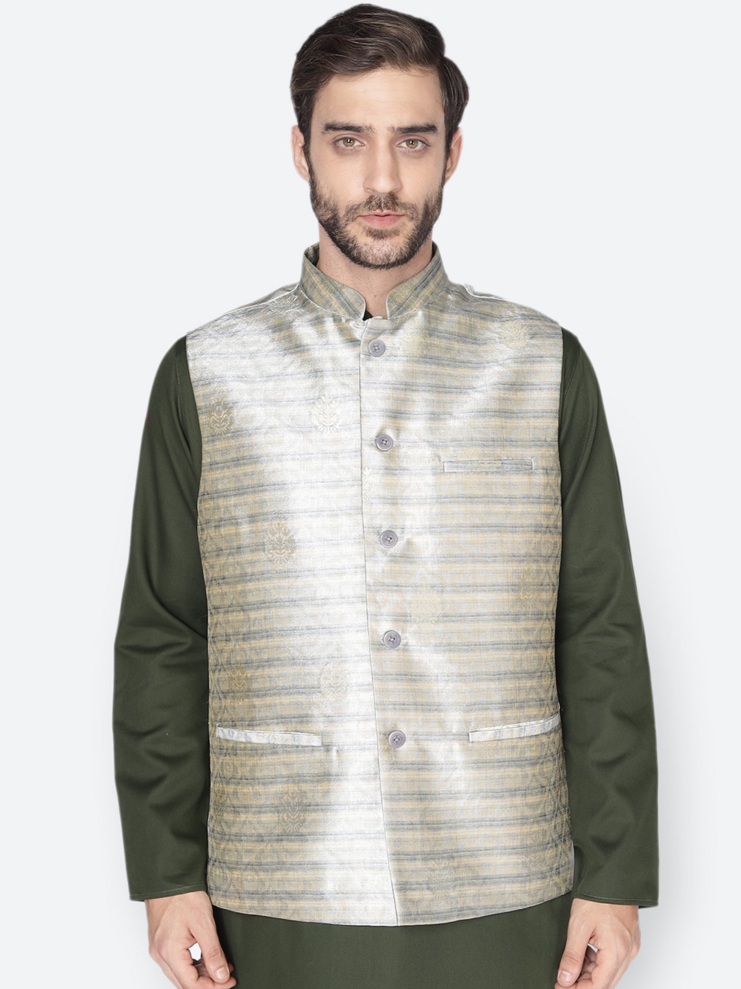 

NAMASKAR Men Beige & Blue Striped Nehru Jacket