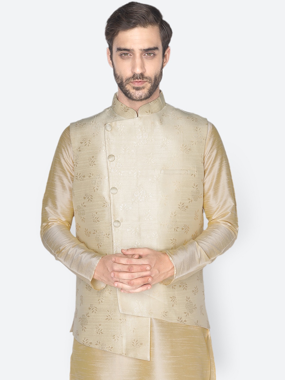 

NAMASKAR Men Cream-Coloured Floral Printed Nehru Jacket