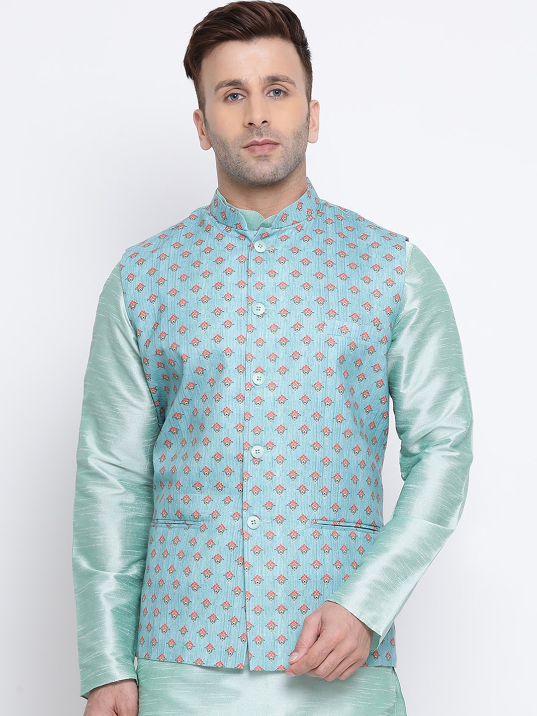 

NAMASKAR Men Blue Solid Nehru Jacket