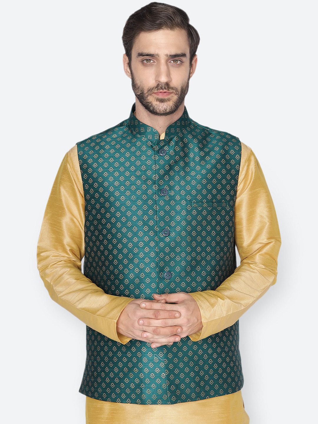 

NAMASKAR Men Green Woven Design Nehru Jacket
