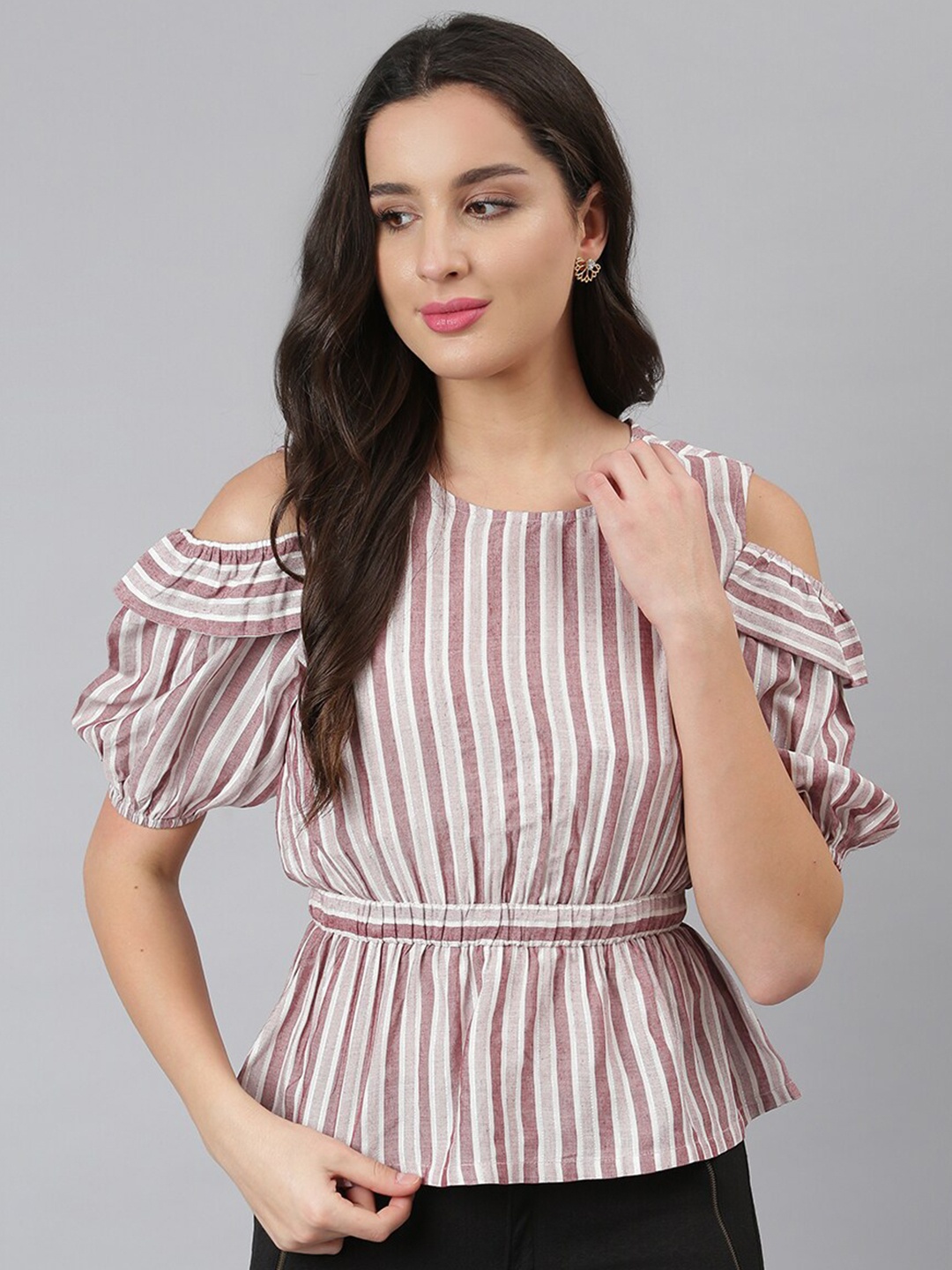

DEEBACO Women White & Pink Striped Round Neck Peplum Top