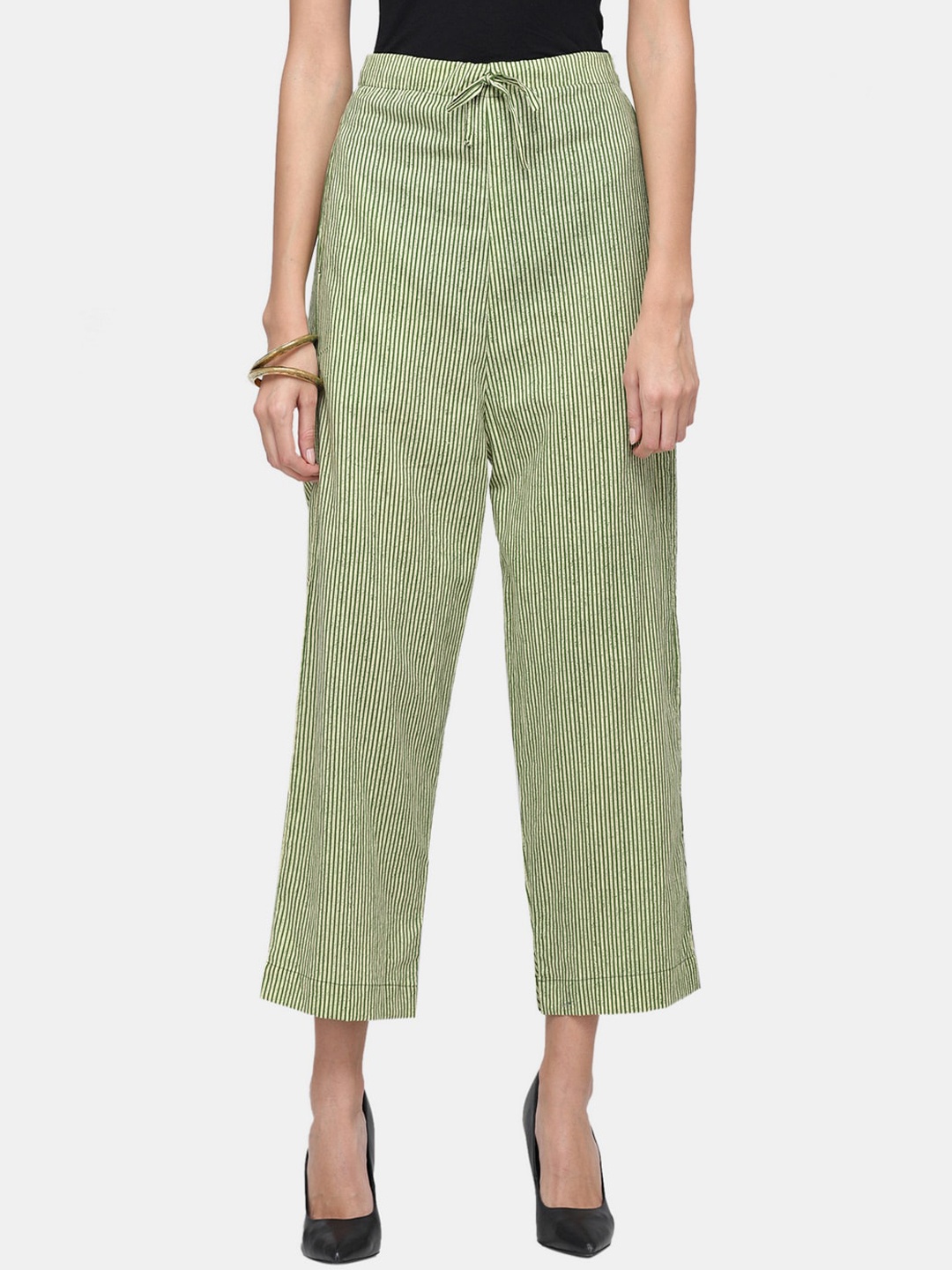 

Enchanted Drapes Women Green Striped Trousers